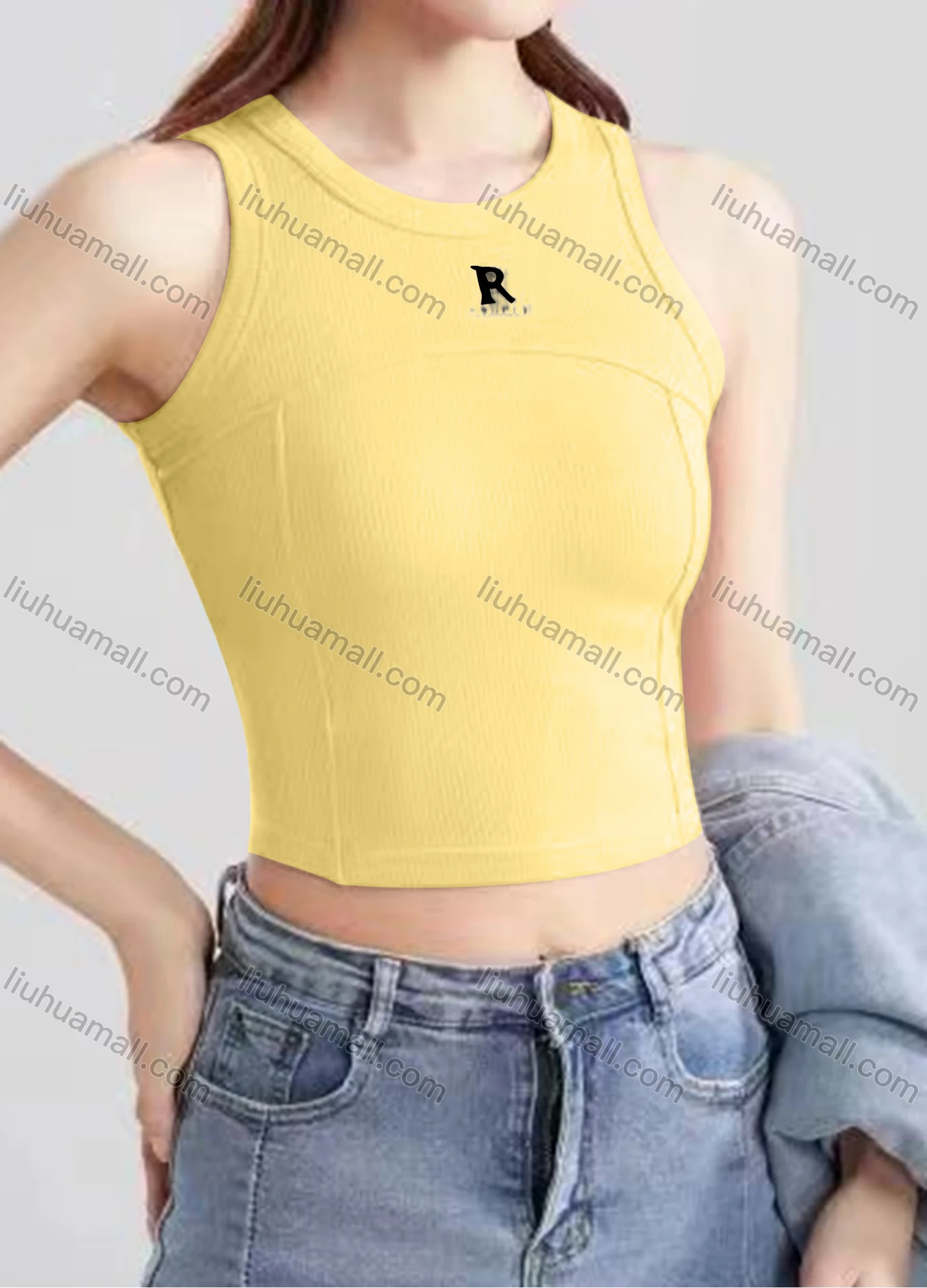 Wholesale Women's Casual Plain Letter Crew Neck Crop Tank Top B581# - Liuhuamall