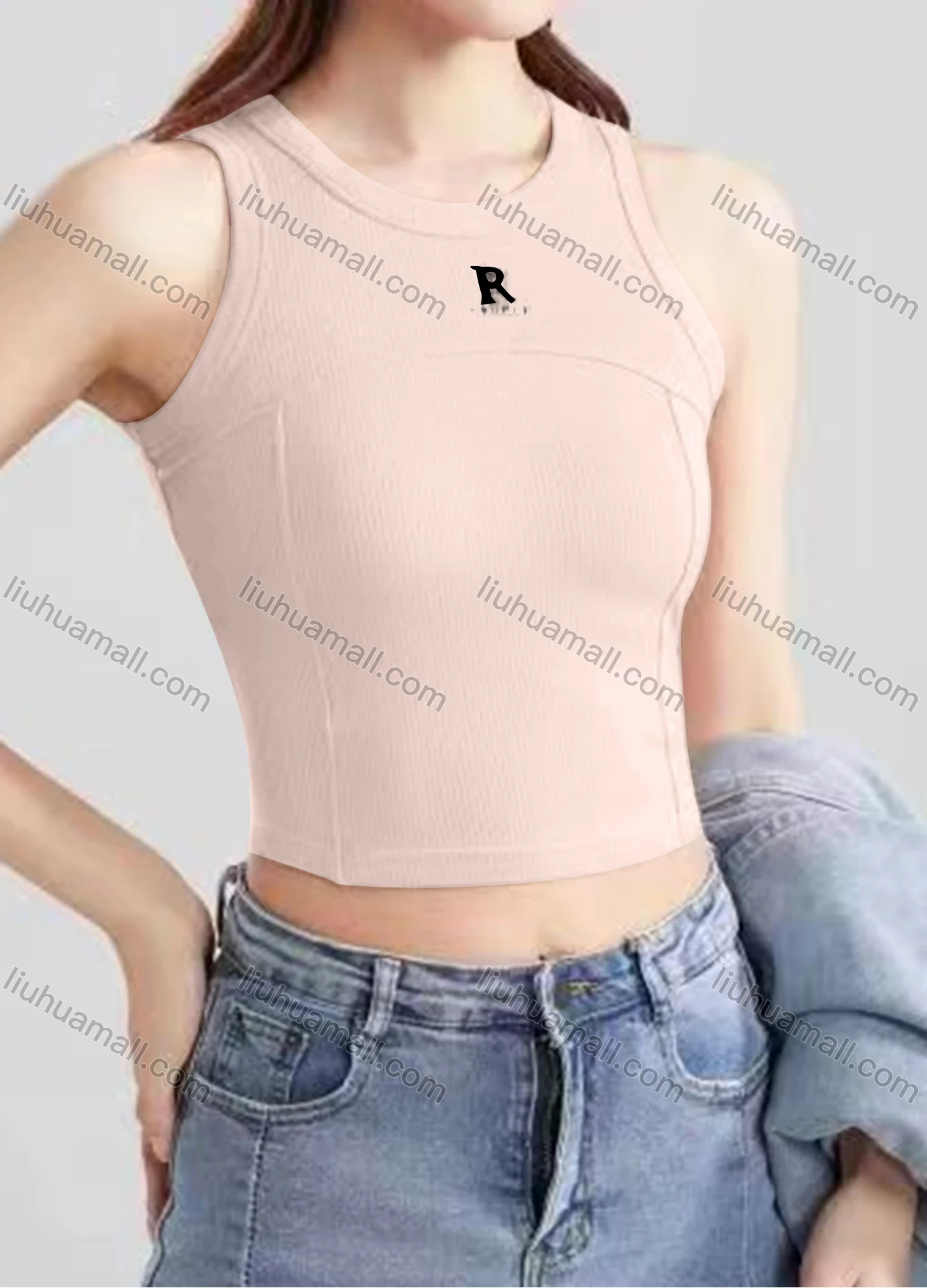 Wholesale Women's Casual Plain Letter Crew Neck Crop Tank Top B581# - Liuhuamall