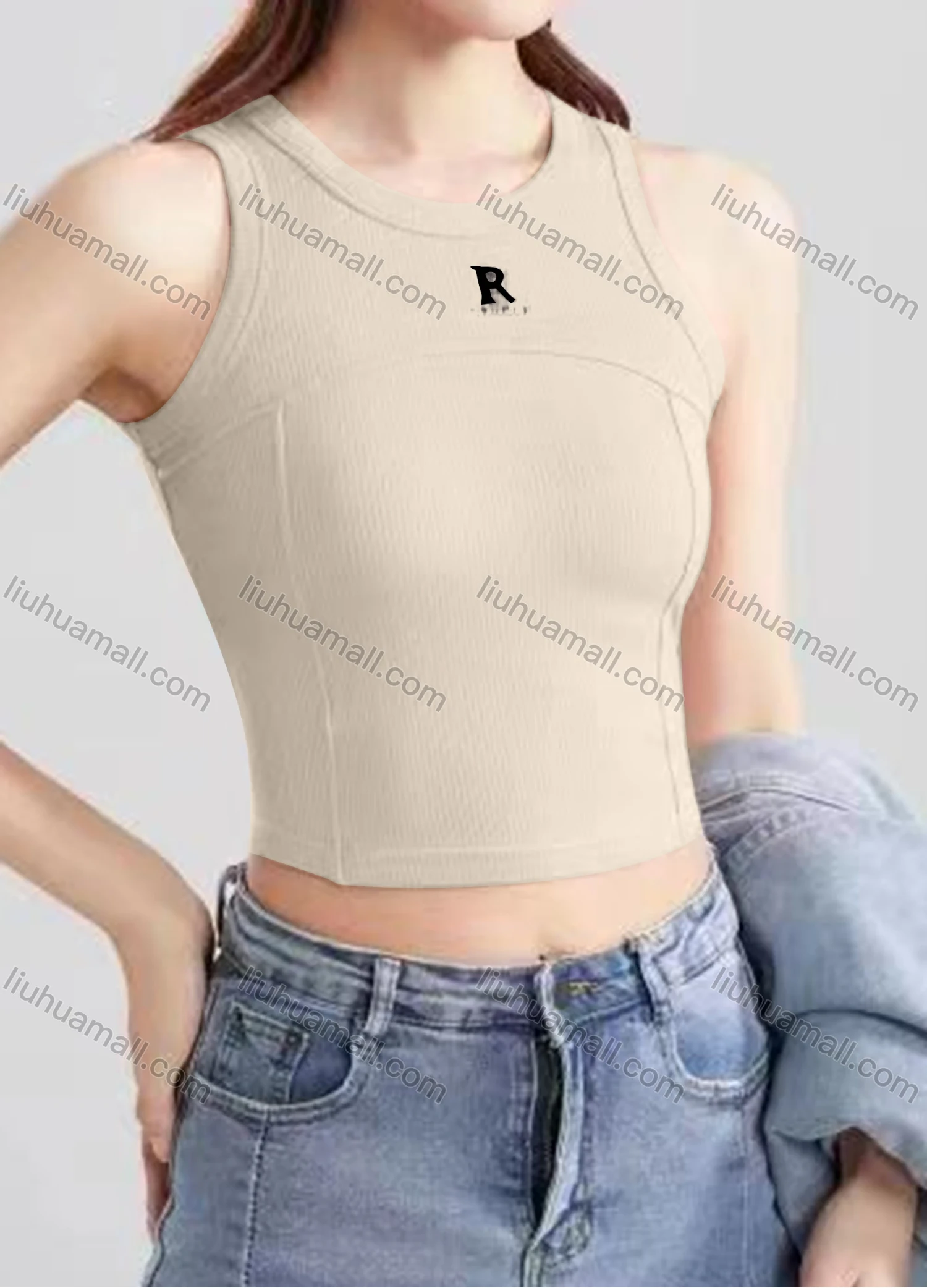 Wholesale Women's Casual Plain Letter Crew Neck Crop Tank Top B581# - Liuhuamall
