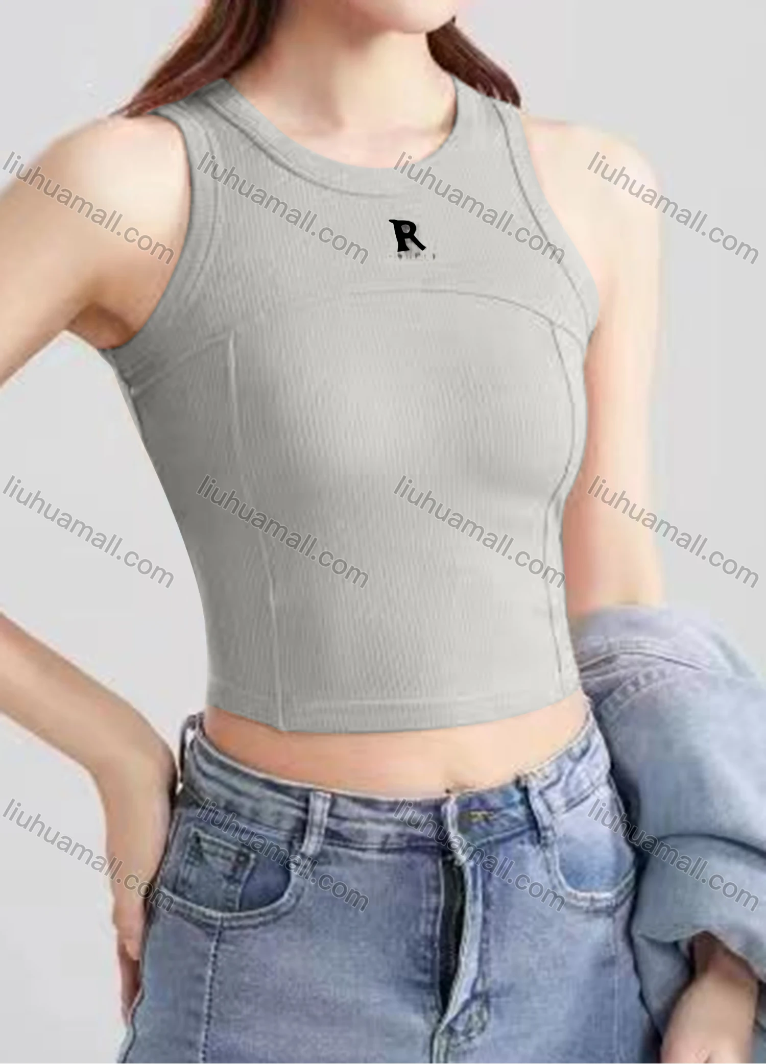 Wholesale Women's Casual Plain Letter Crew Neck Crop Tank Top B581# - Liuhuamall