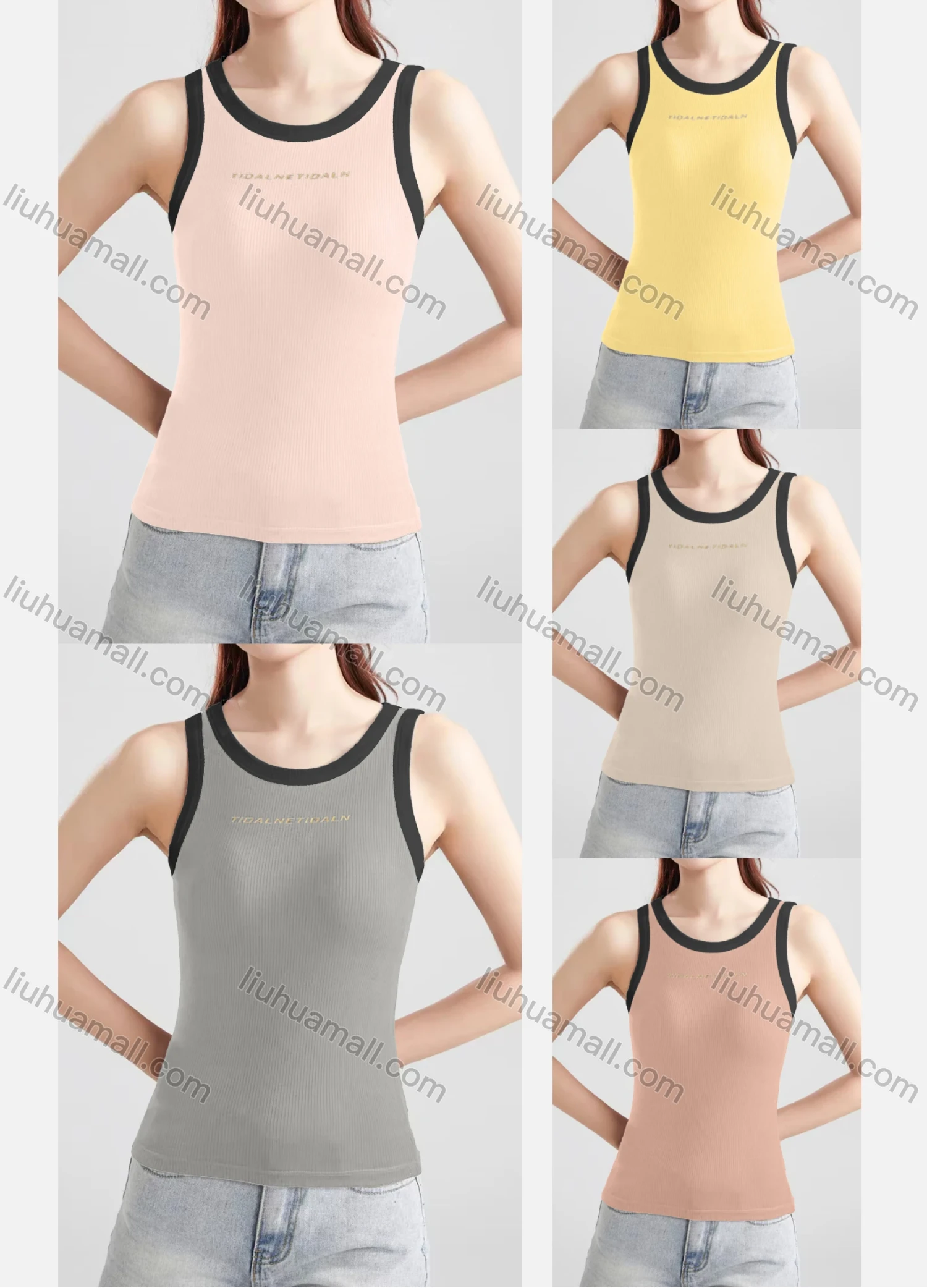 Wholesale Women's Casual Plain Letter Crew Neck Contrast Tank Top B468# - Liuhuamall