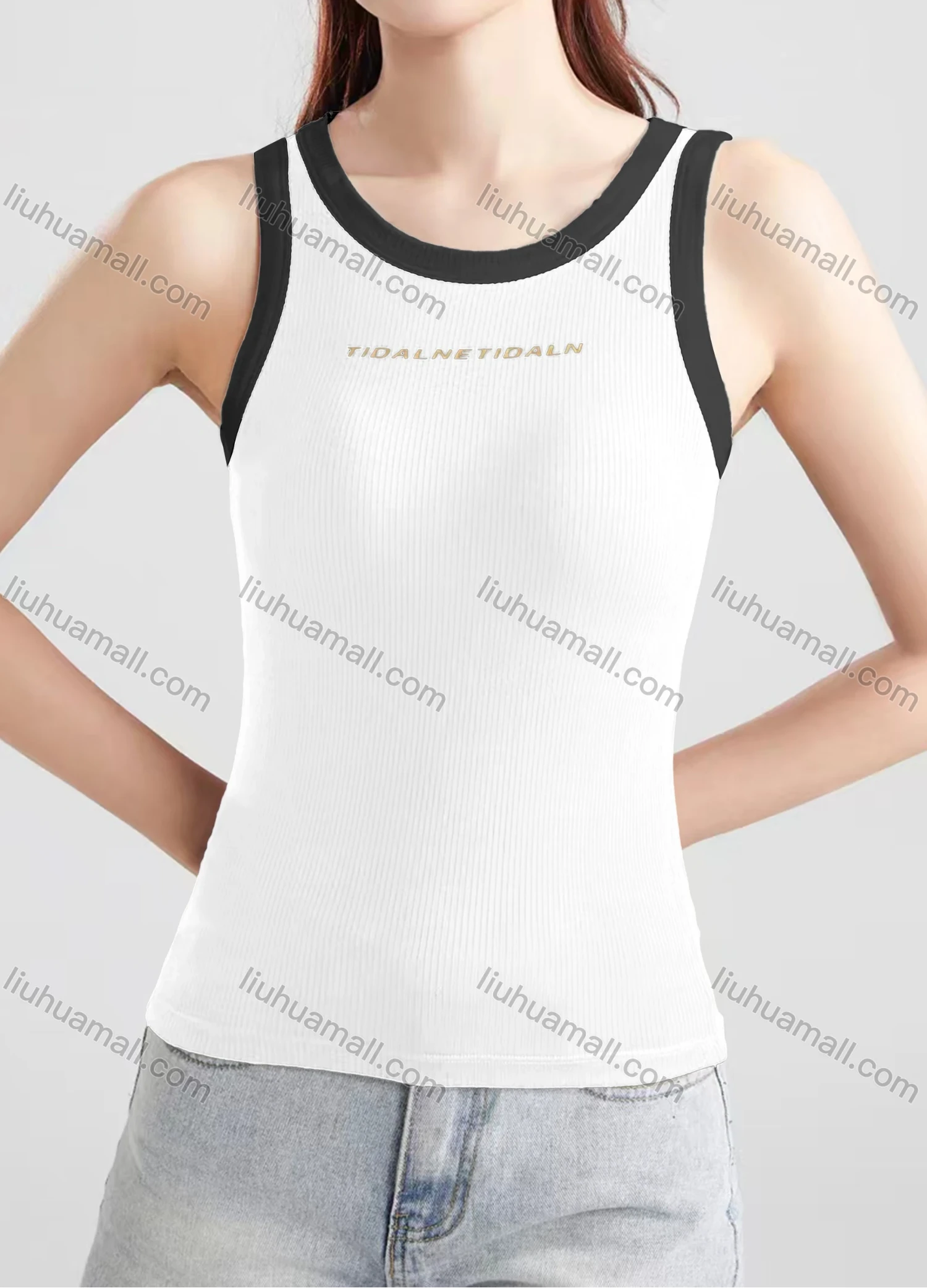 Wholesale Women's Casual Plain Letter Crew Neck Contrast Tank Top B468# - Liuhuamall