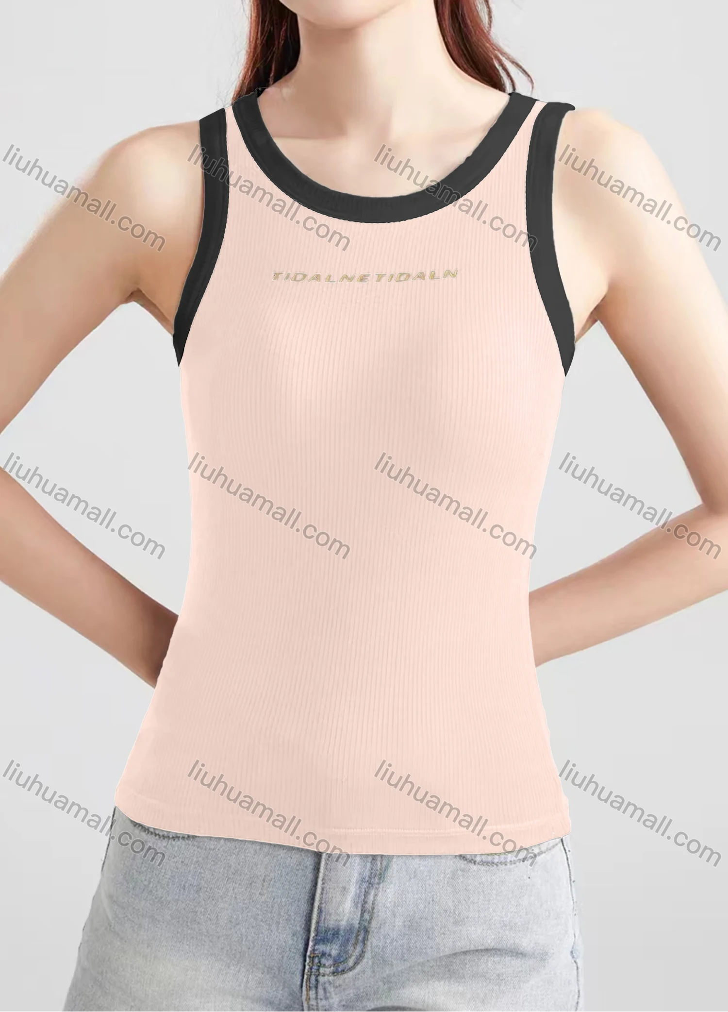 Wholesale Women's Casual Plain Letter Crew Neck Contrast Tank Top B468# - Liuhuamall