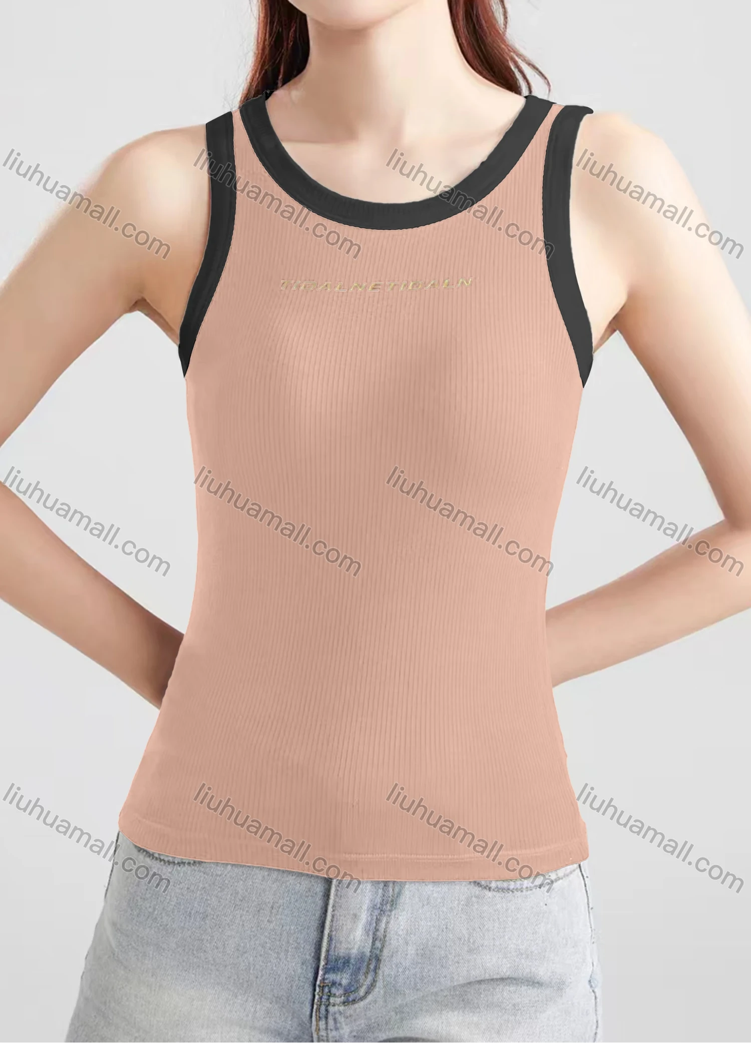 Wholesale Women's Casual Plain Letter Crew Neck Contrast Tank Top B468# - Liuhuamall