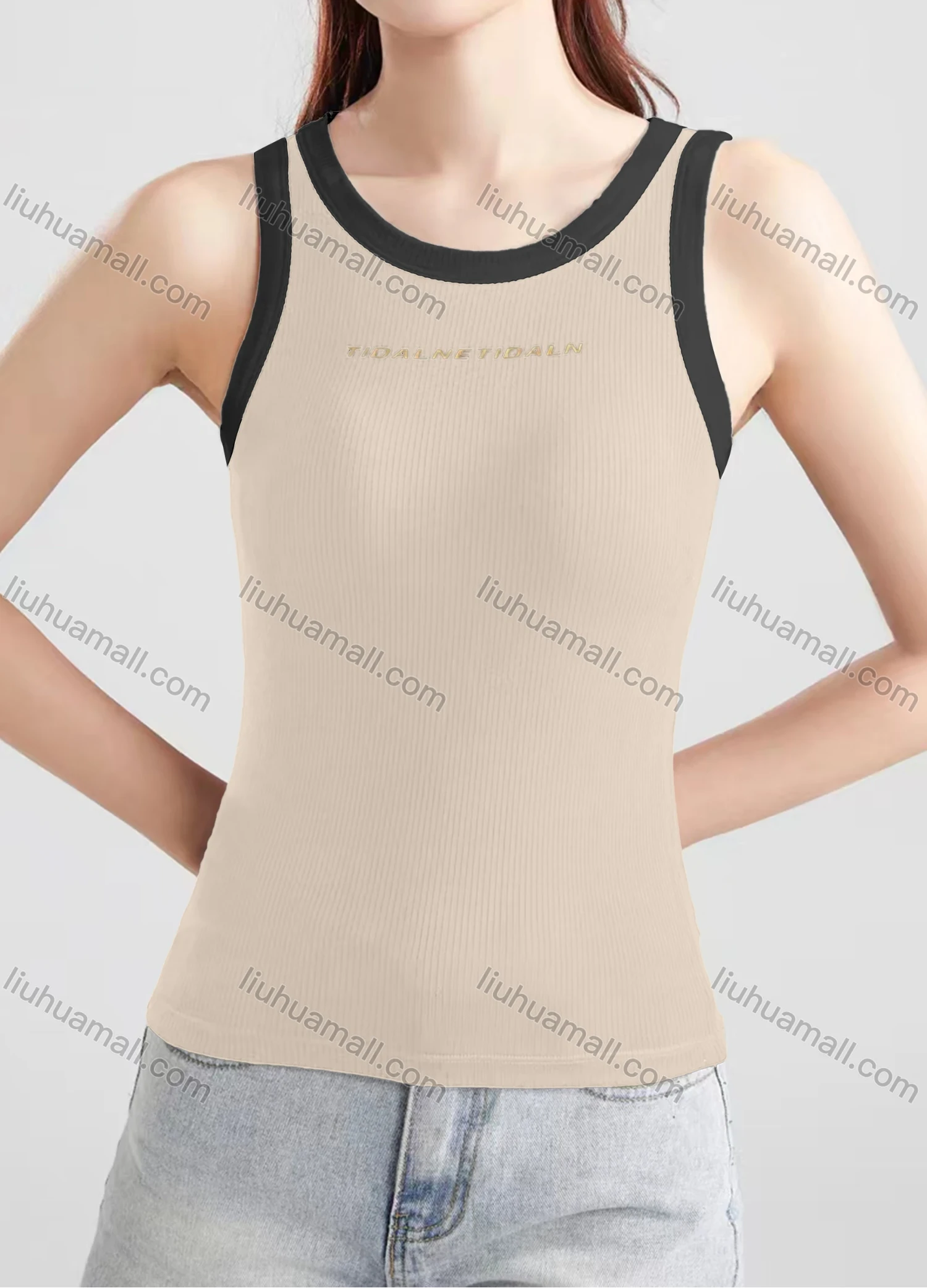 Wholesale Women's Casual Plain Letter Crew Neck Contrast Tank Top B468# - Liuhuamall