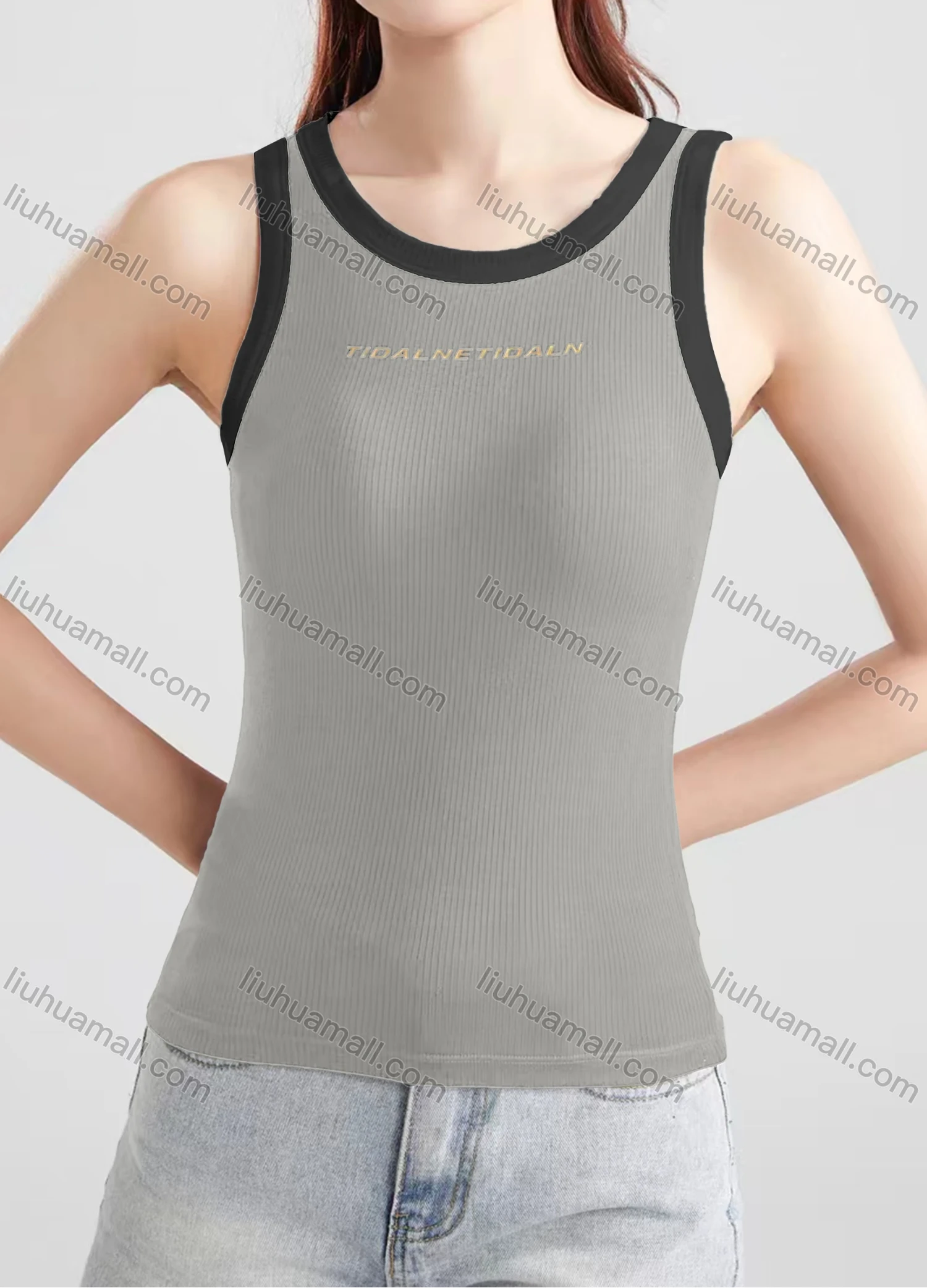Wholesale Women's Casual Plain Letter Crew Neck Contrast Tank Top B468# - Liuhuamall