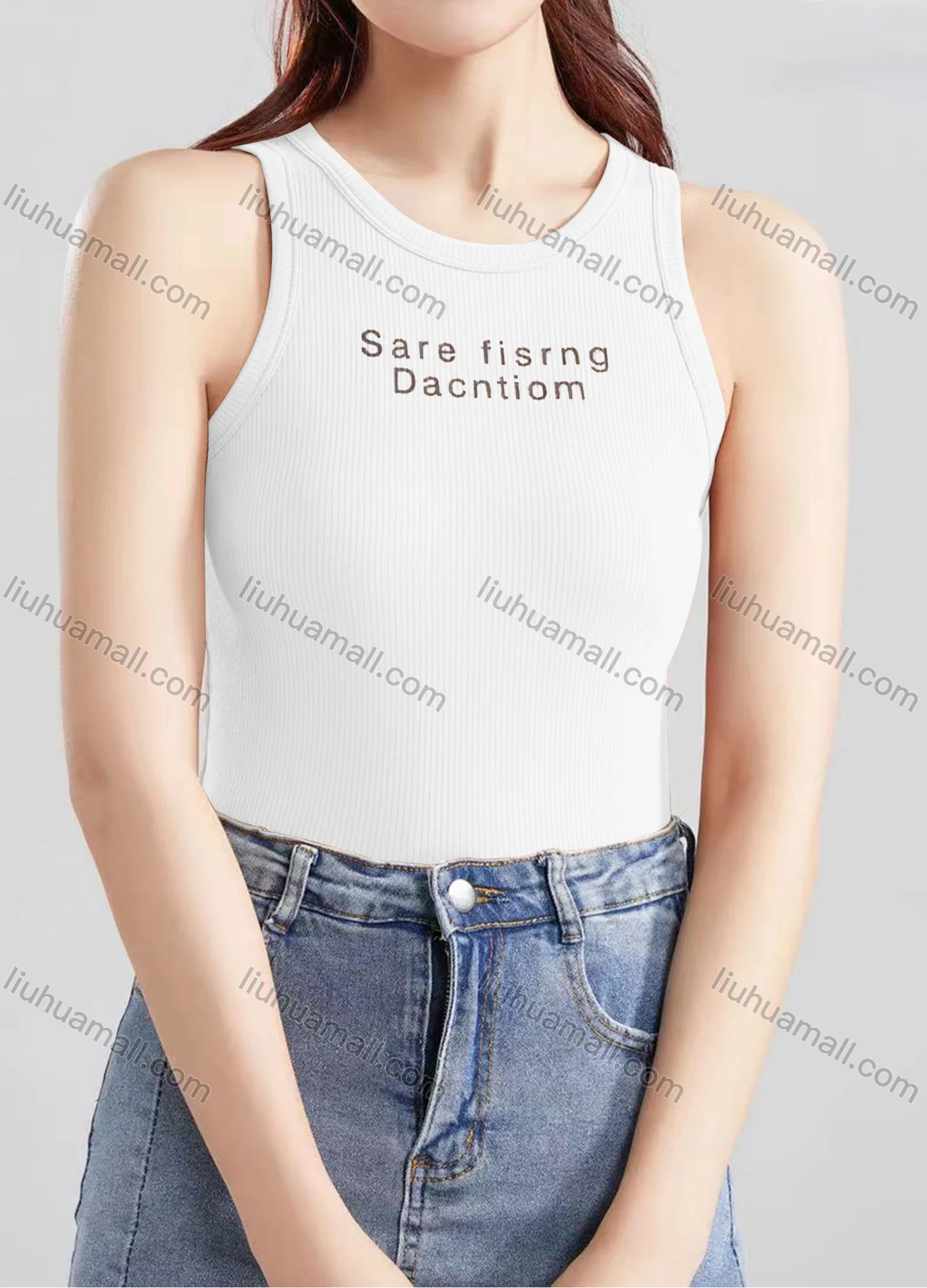 Wholesale Women's Casual Plain Letter Crew Neck Tank Top B466# - Liuhuamall