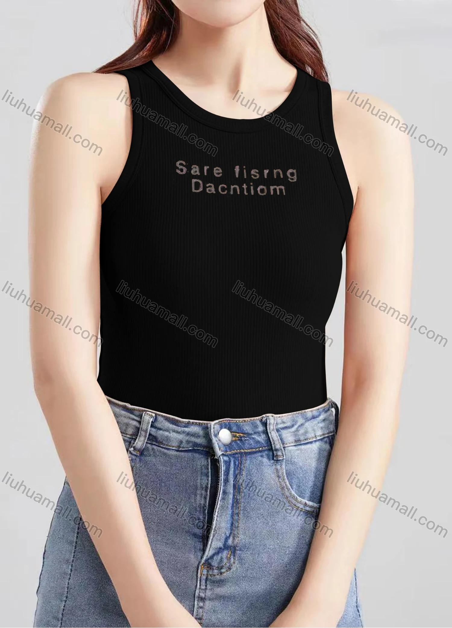 Wholesale Women's Casual Plain Letter Crew Neck Tank Top B466# - Liuhuamall