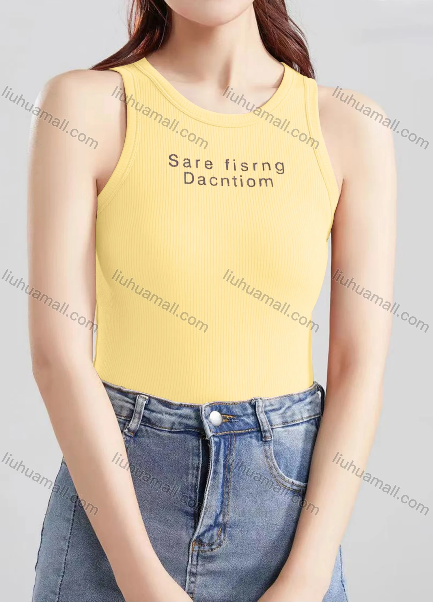 Wholesale Women's Casual Plain Letter Crew Neck Tank Top B466# - Liuhuamall