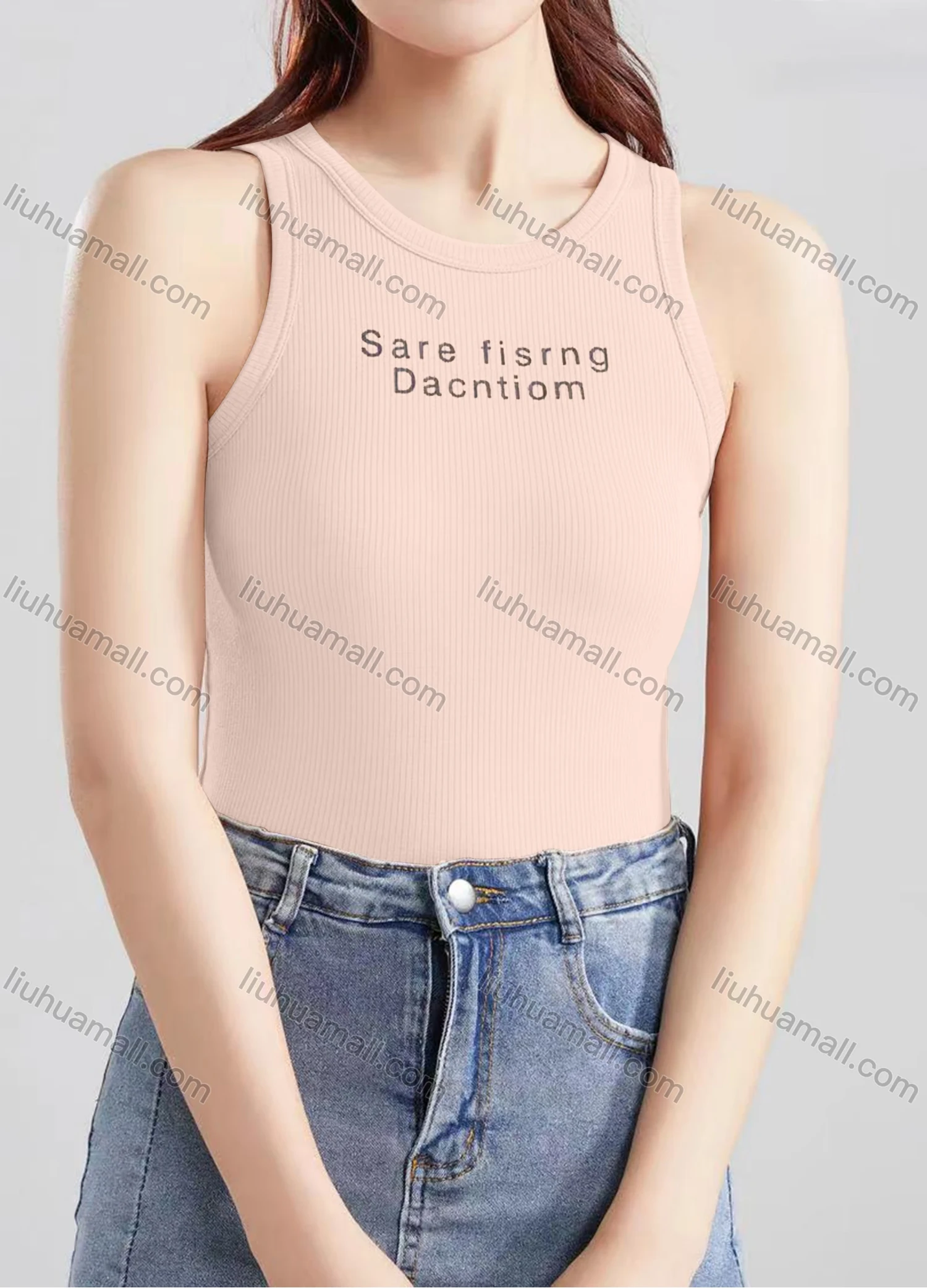 Wholesale Women's Casual Plain Letter Crew Neck Tank Top B466# - Liuhuamall