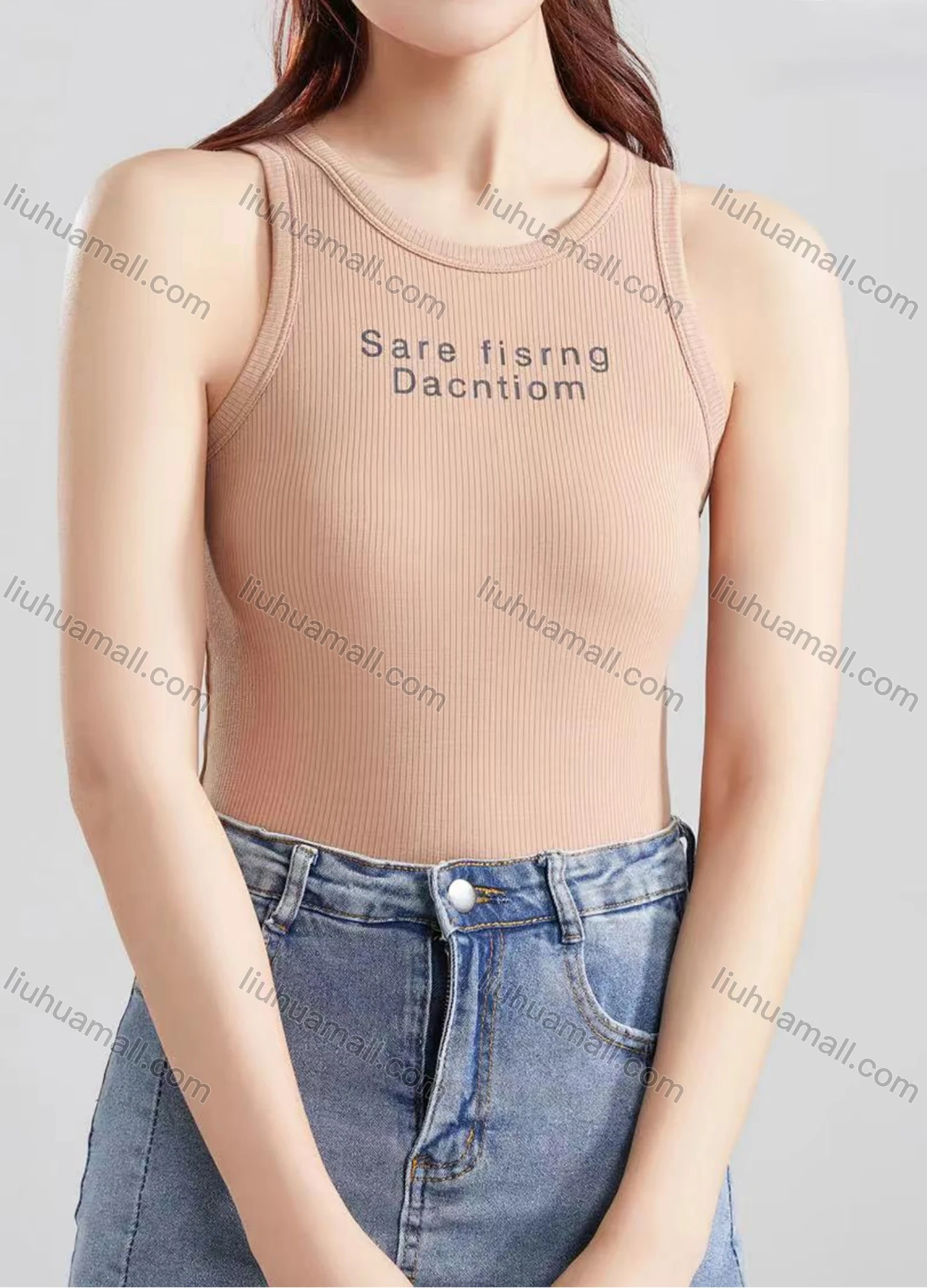 Wholesale Women's Casual Plain Letter Crew Neck Tank Top B466# - Liuhuamall