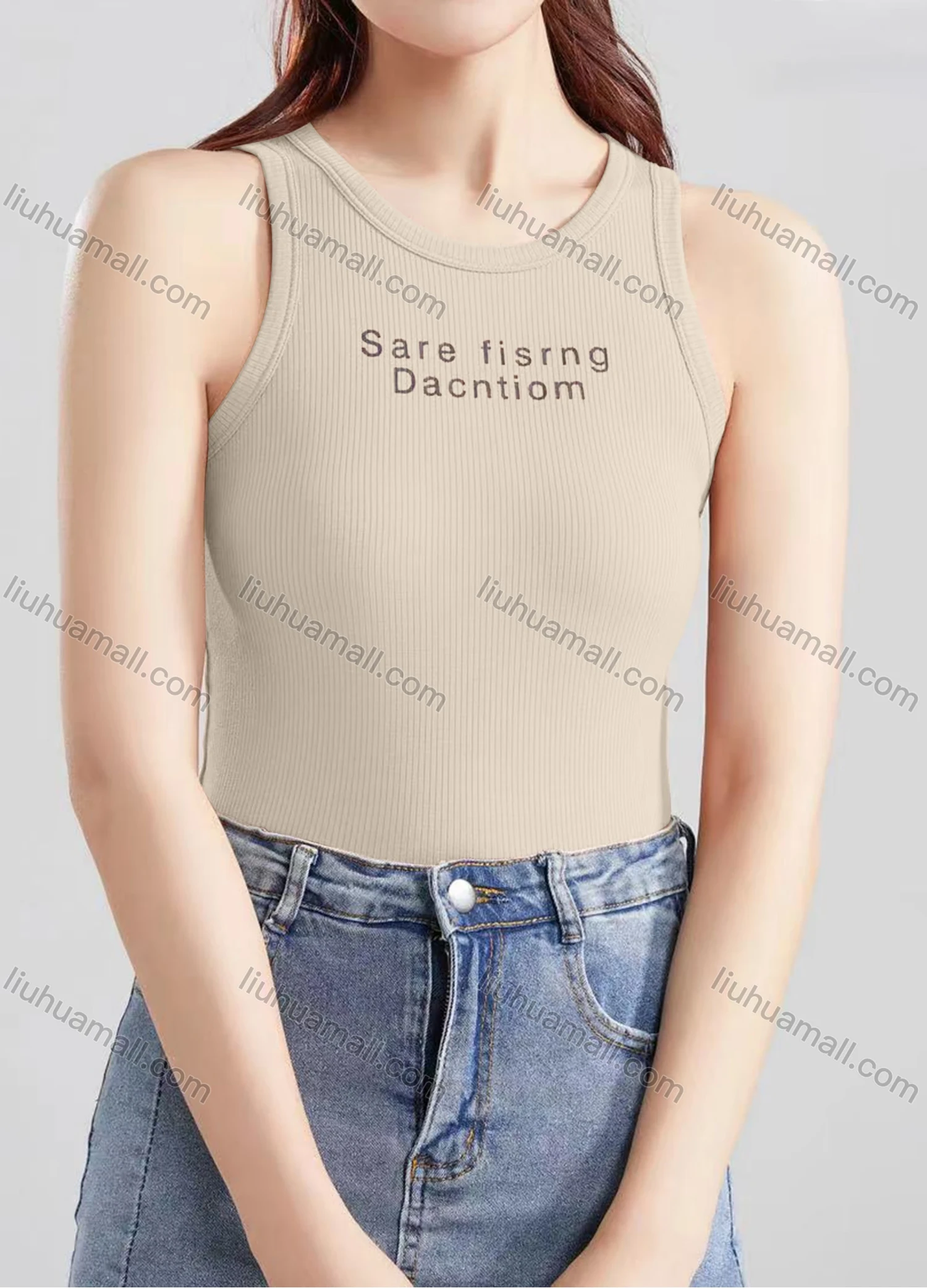 Wholesale Women's Casual Plain Letter Crew Neck Tank Top B466# - Liuhuamall