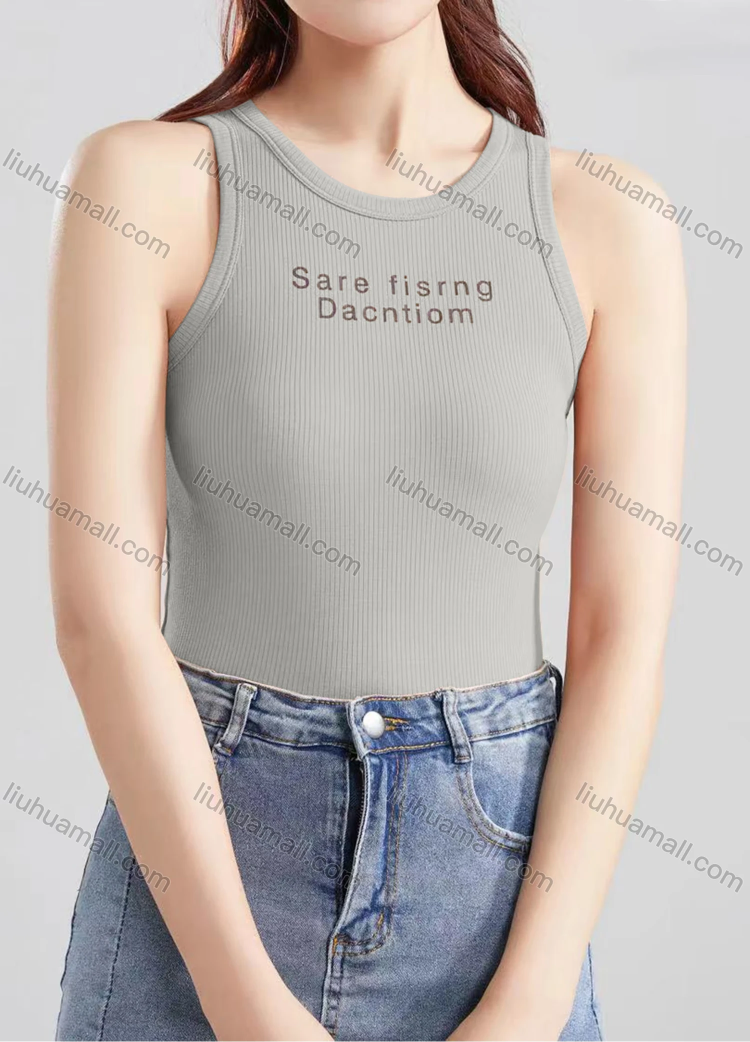 Wholesale Women's Casual Plain Letter Crew Neck Tank Top B466# - Liuhuamall