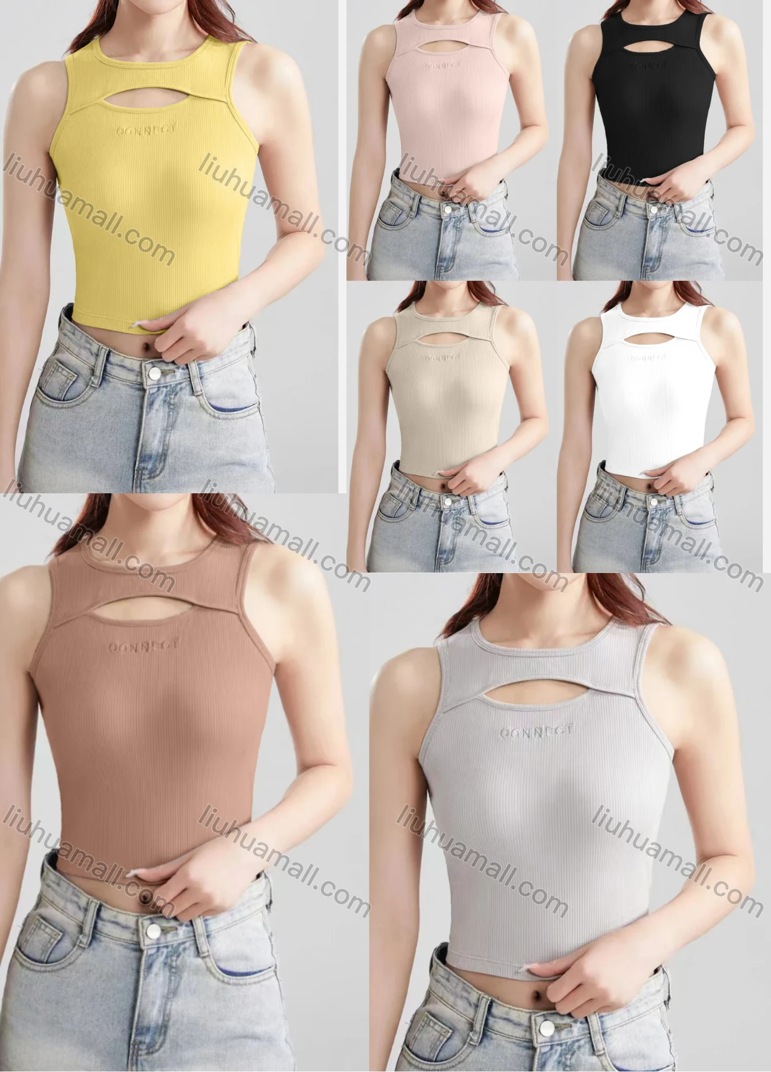 Wholesale Women's Casual Plain Letter Hollow Out Crew Neck Crop Tank Top B405# - Liuhuamall