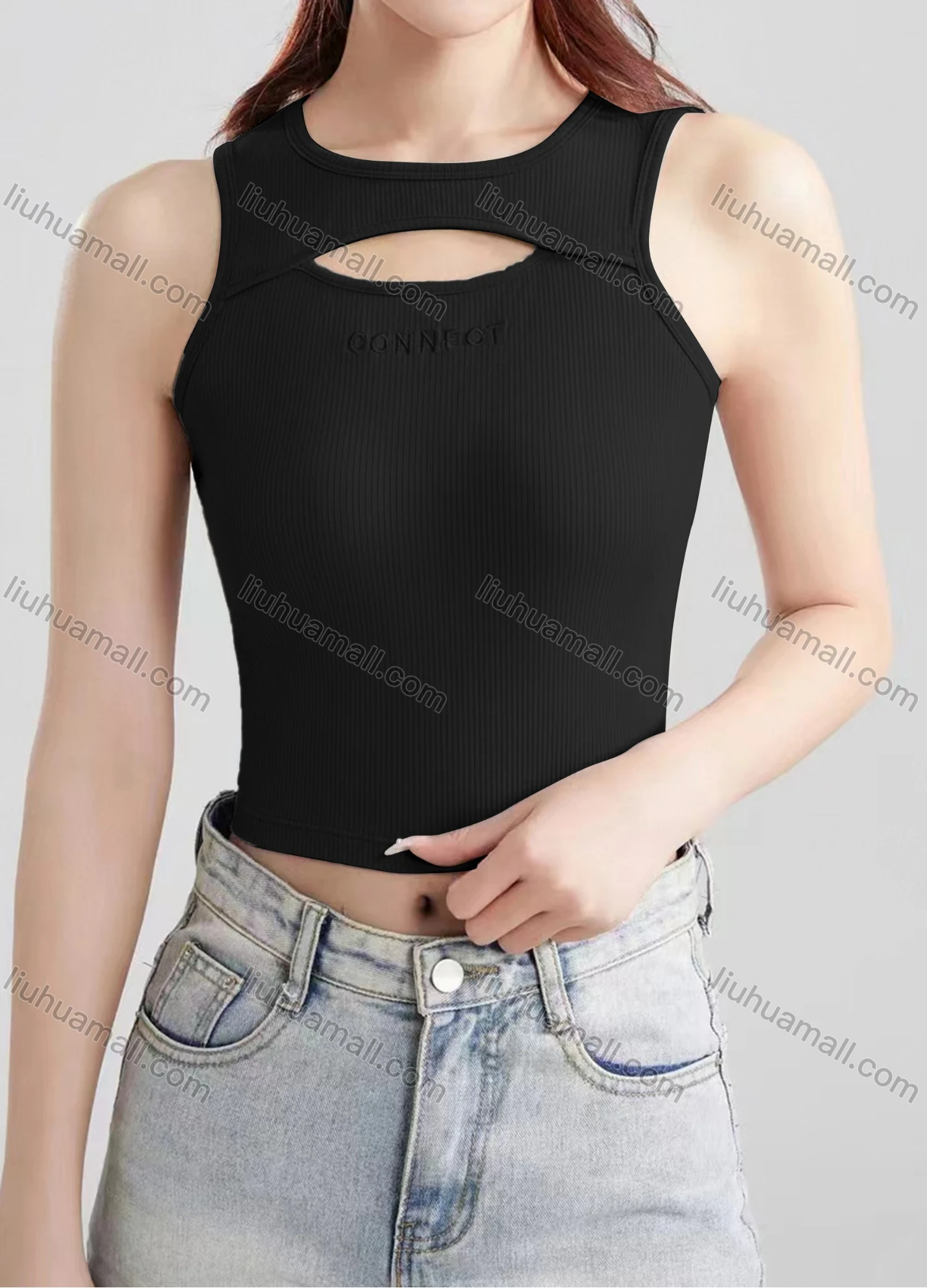 Wholesale Women's Casual Plain Letter Hollow Out Crew Neck Crop Tank Top B405# - Liuhuamall
