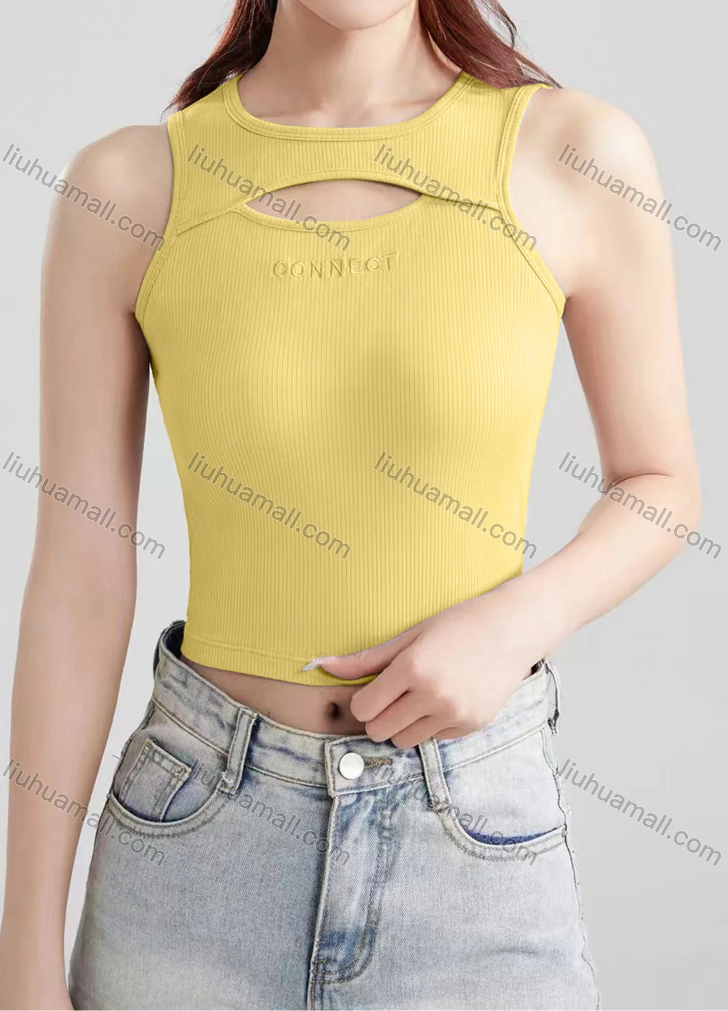 Wholesale Women's Casual Plain Letter Hollow Out Crew Neck Crop Tank Top B405# - Liuhuamall