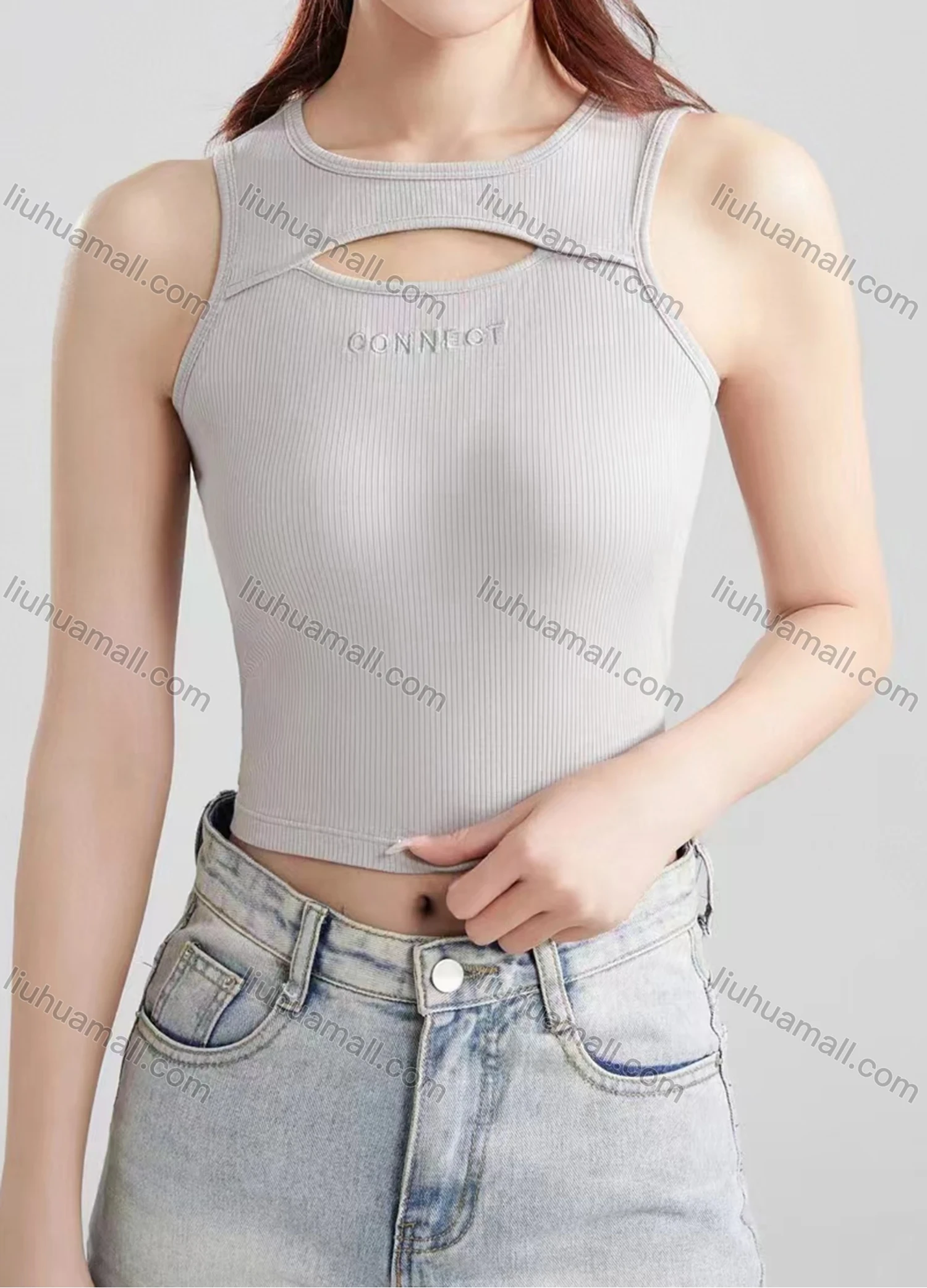 Wholesale Women's Casual Plain Letter Hollow Out Crew Neck Crop Tank Top B405# - Liuhuamall