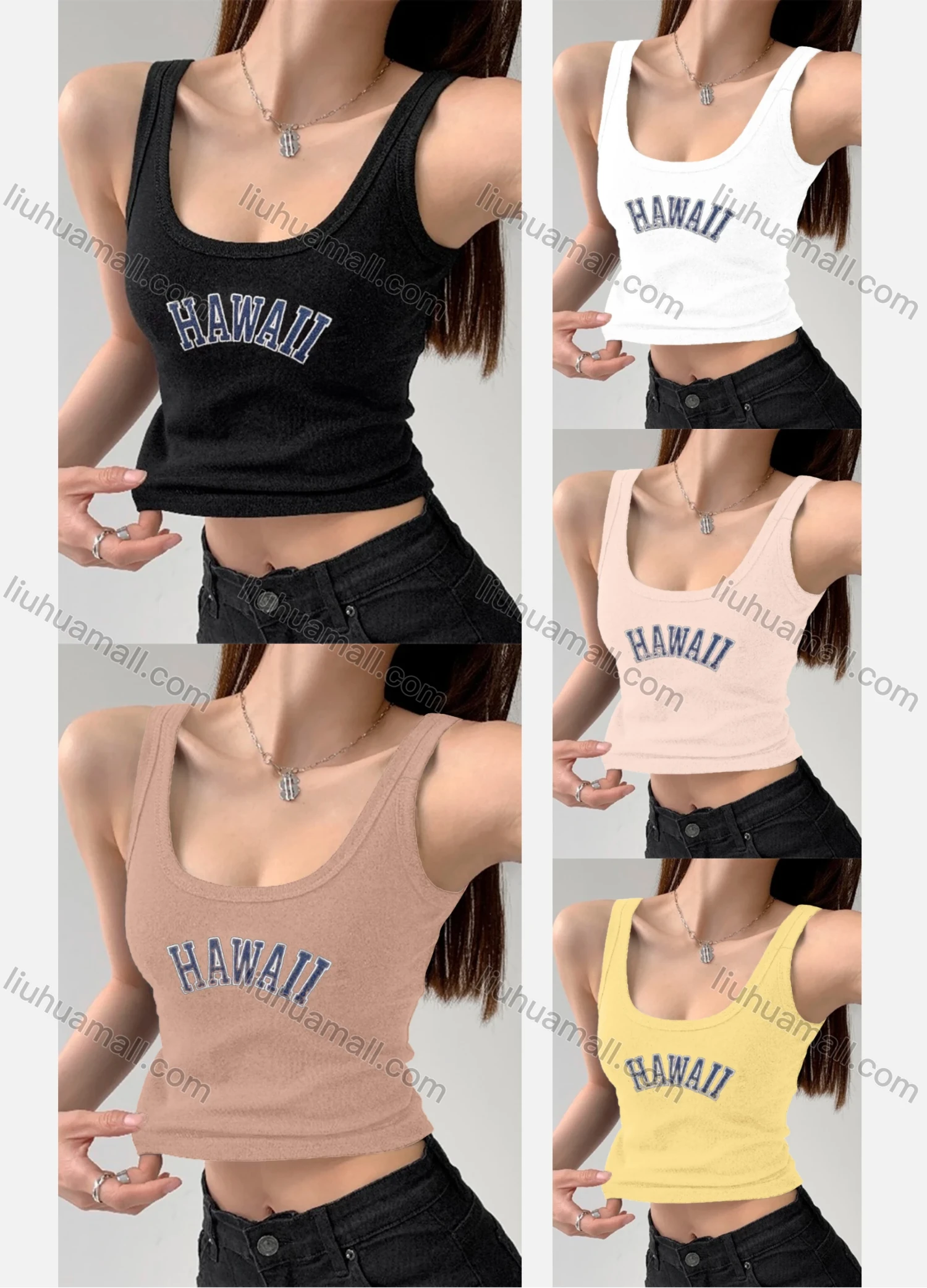 Wholesale Women's Casual Plain Letter Scoop Neck Crop Tank Top B389# - Liuhuamall
