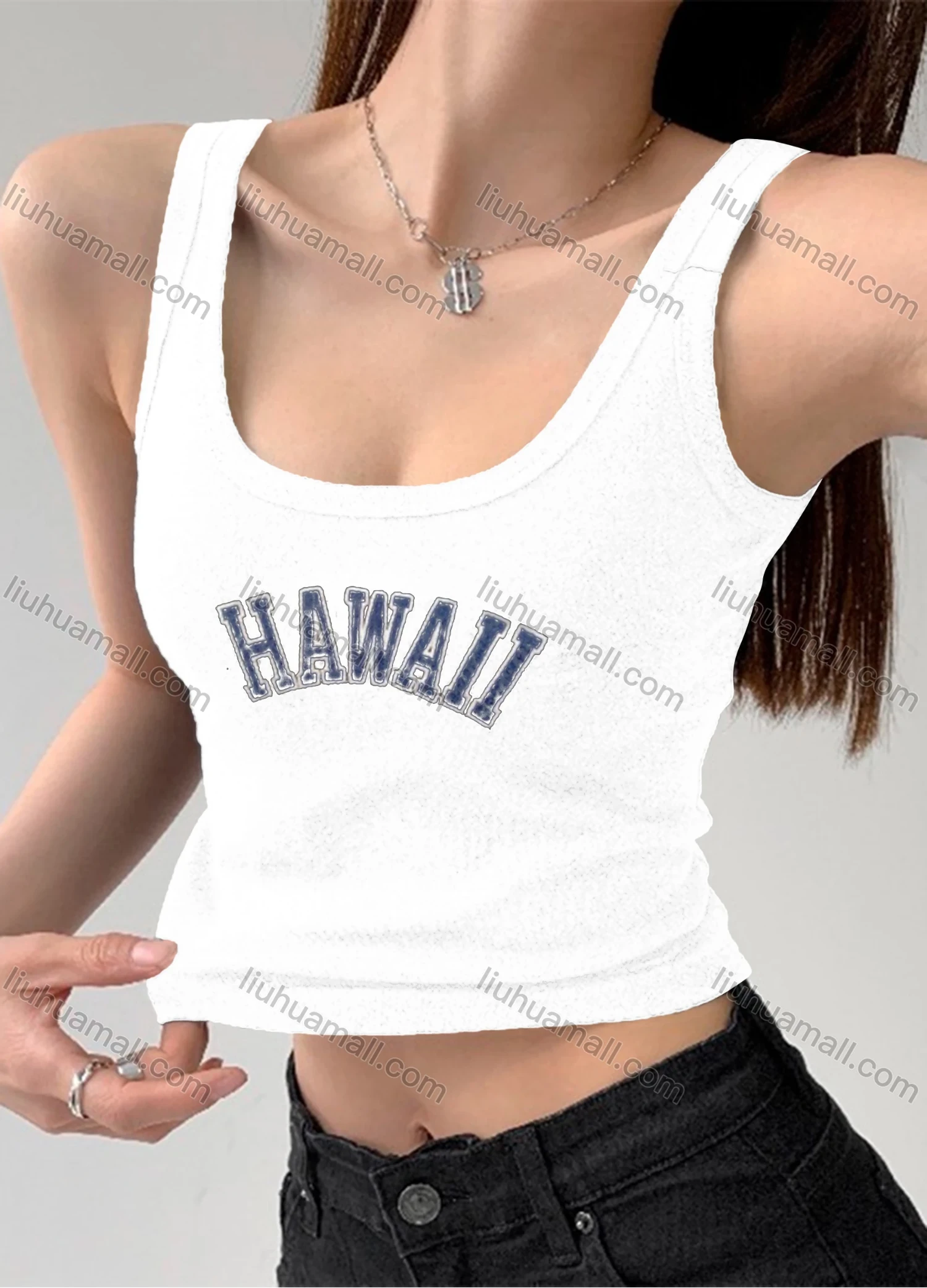 Wholesale Women's Casual Plain Letter Scoop Neck Crop Tank Top B389# - Liuhuamall
