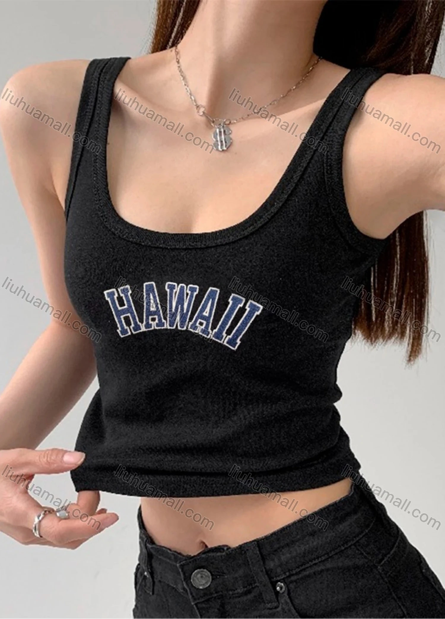 Wholesale Women's Casual Plain Letter Scoop Neck Crop Tank Top B389# - Liuhuamall