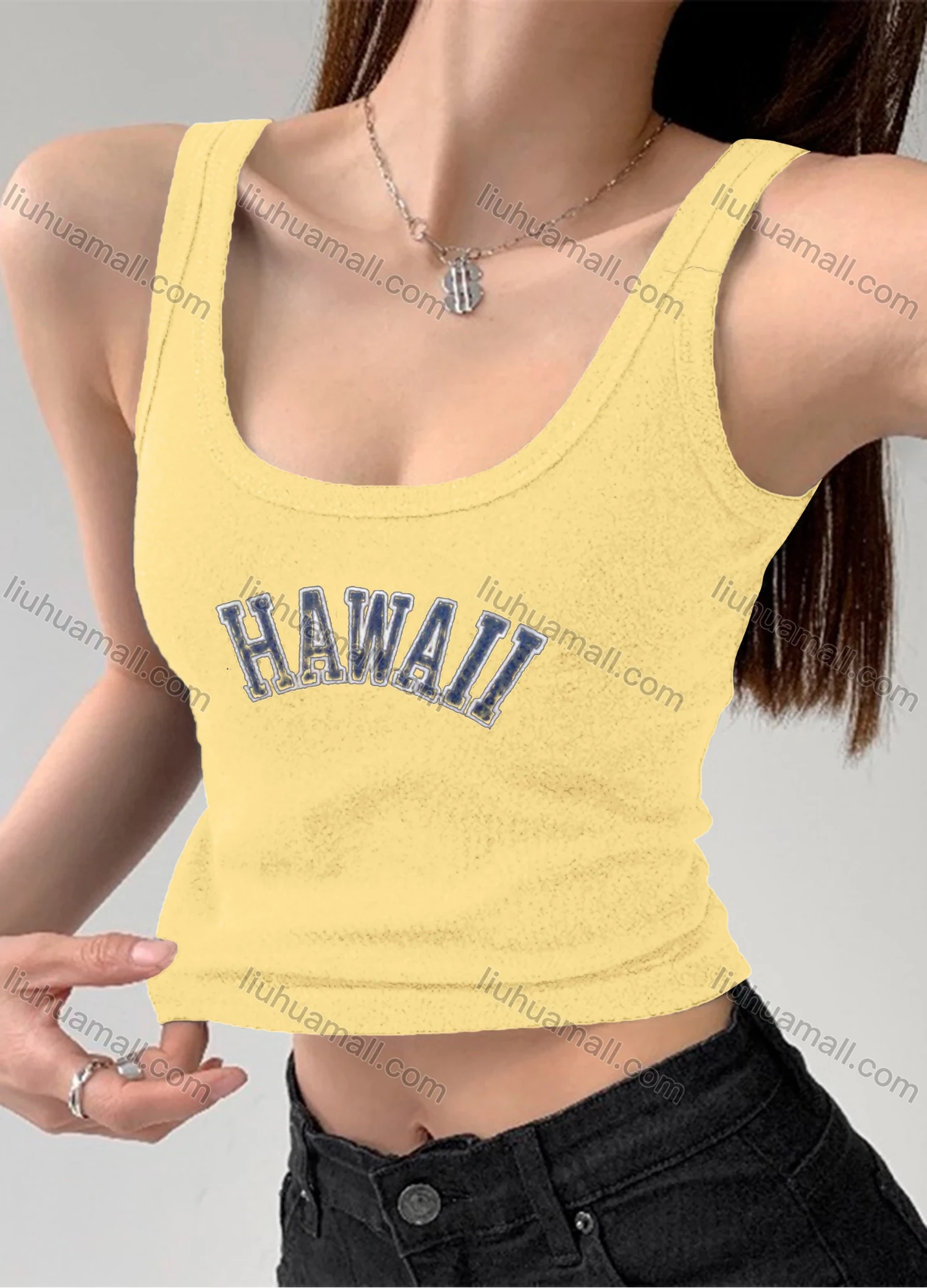Wholesale Women's Casual Plain Letter Scoop Neck Crop Tank Top B389# - Liuhuamall