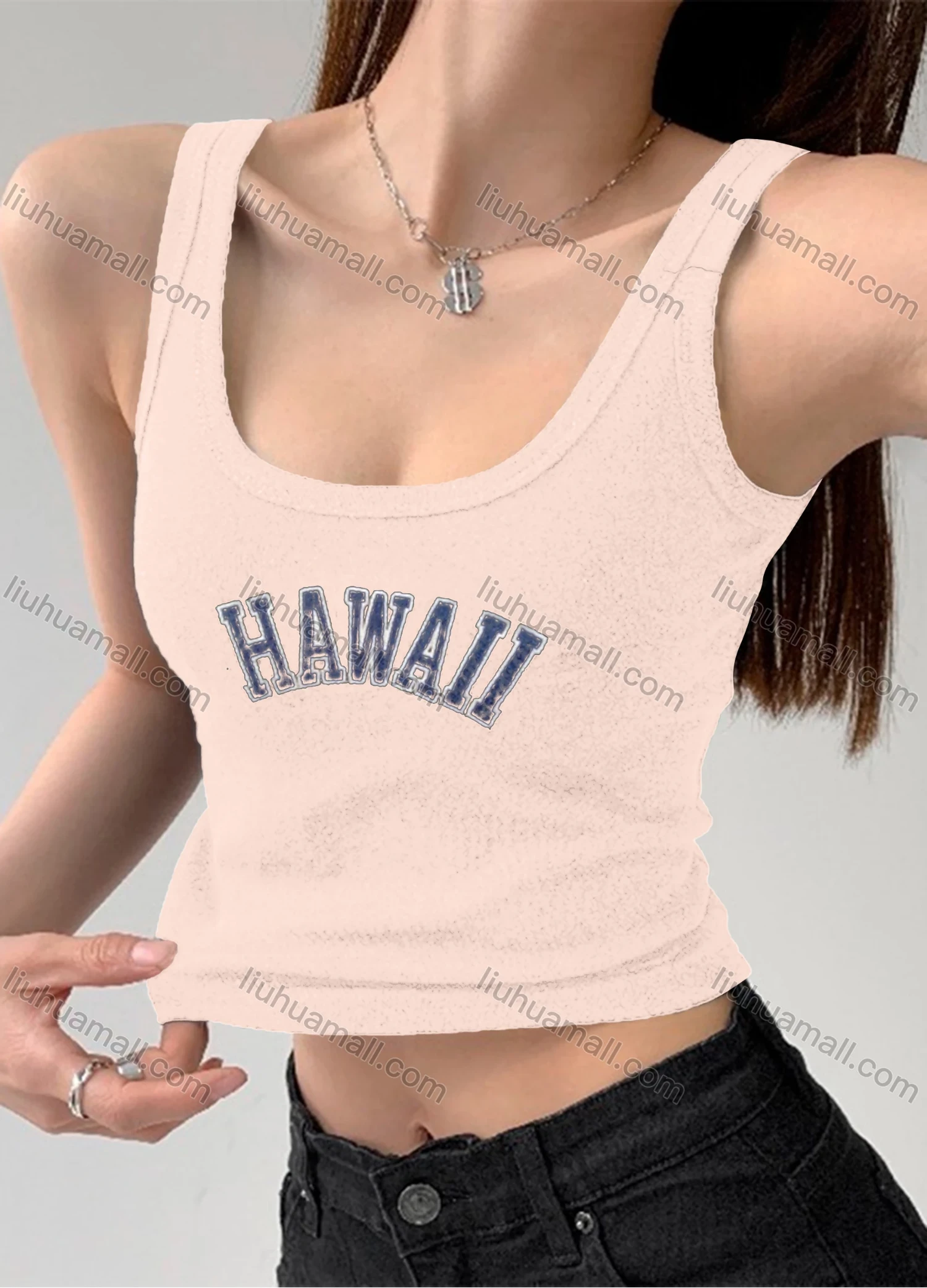 Wholesale Women's Casual Plain Letter Scoop Neck Crop Tank Top B389# - Liuhuamall