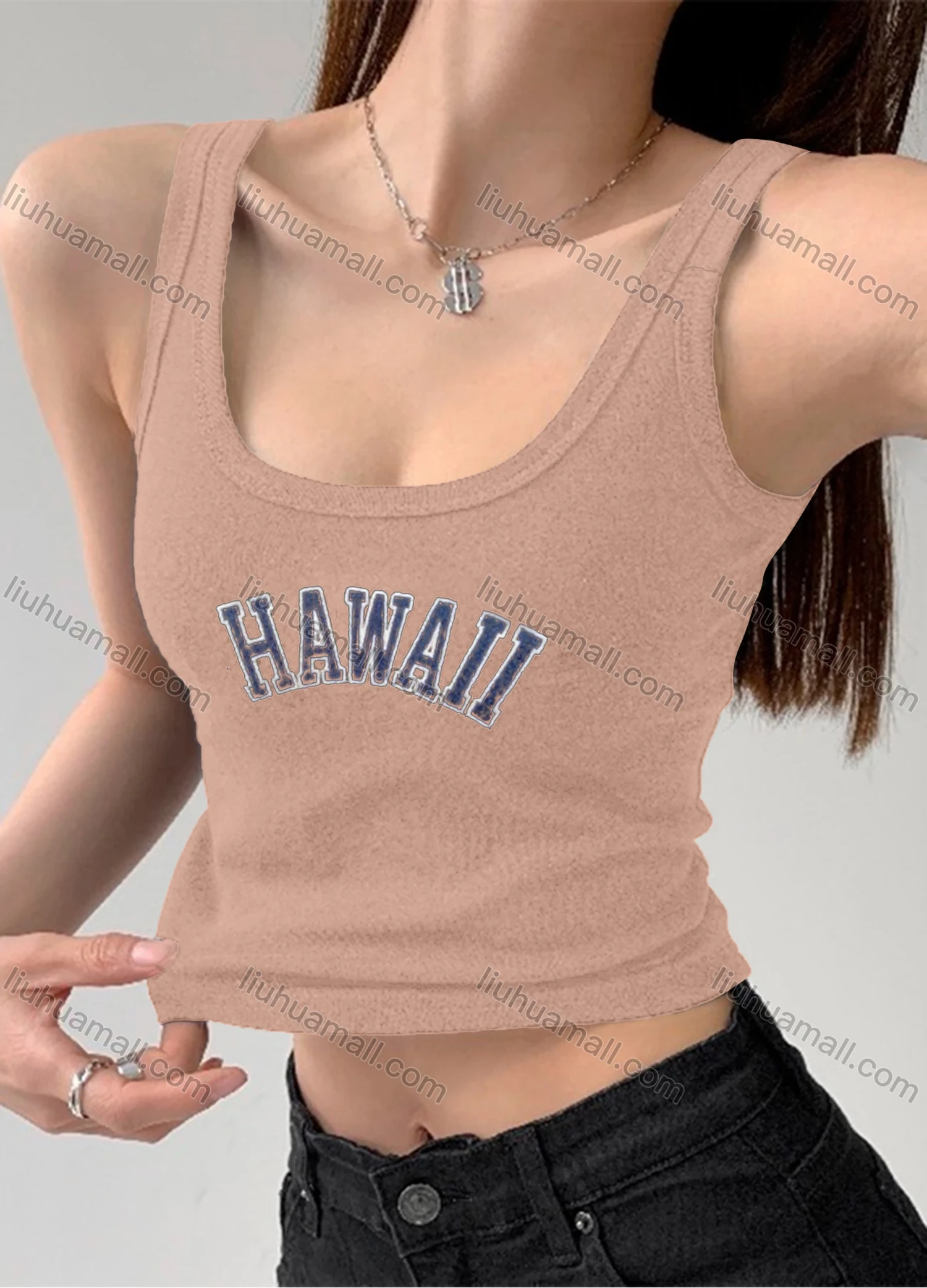 Wholesale Women's Casual Plain Letter Scoop Neck Crop Tank Top B389# - Liuhuamall