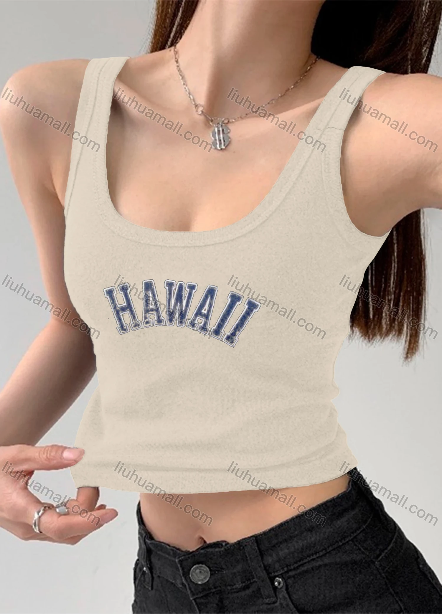 Wholesale Women's Casual Plain Letter Scoop Neck Crop Tank Top B389# - Liuhuamall
