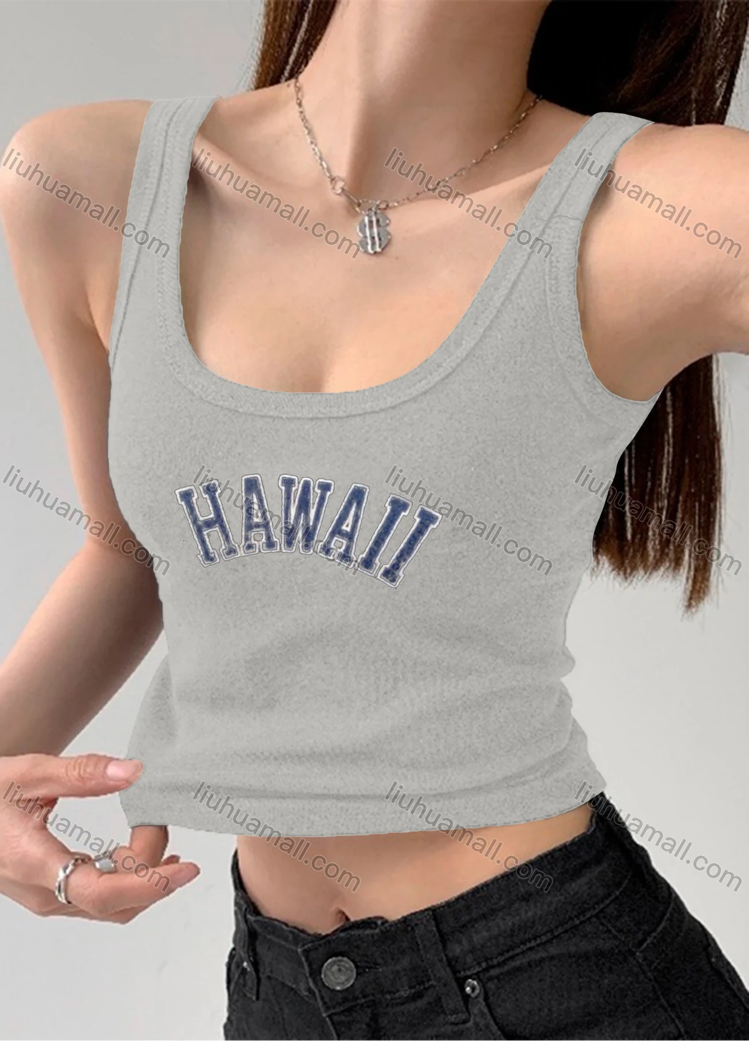 Wholesale Women's Casual Plain Letter Scoop Neck Crop Tank Top B389# - Liuhuamall