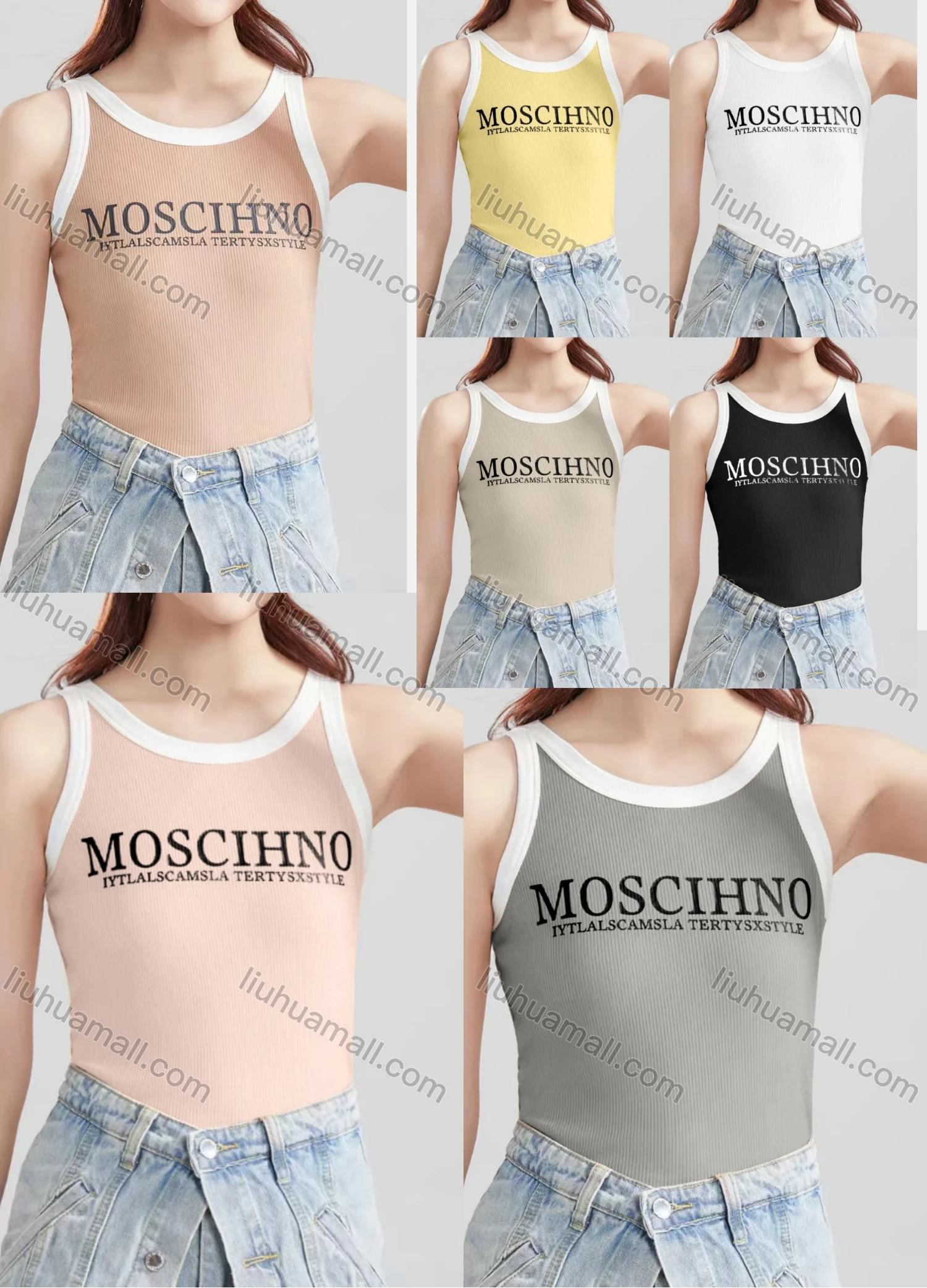 Wholesale Women's Casual Plain Letter Crew Neck Contrast Tank Top B334# - Liuhuamall