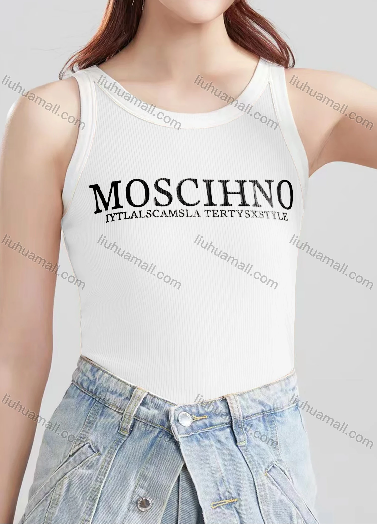Wholesale Women's Casual Plain Letter Crew Neck Contrast Tank Top B334# - Liuhuamall