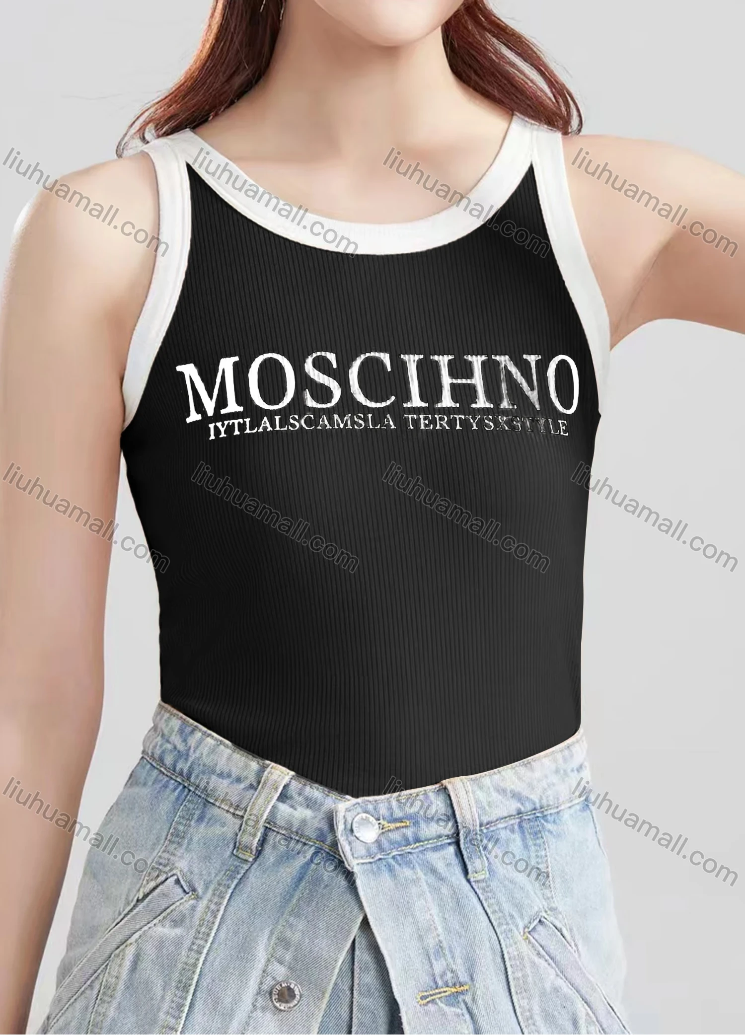 Wholesale Women's Casual Plain Letter Crew Neck Contrast Tank Top B334# - Liuhuamall