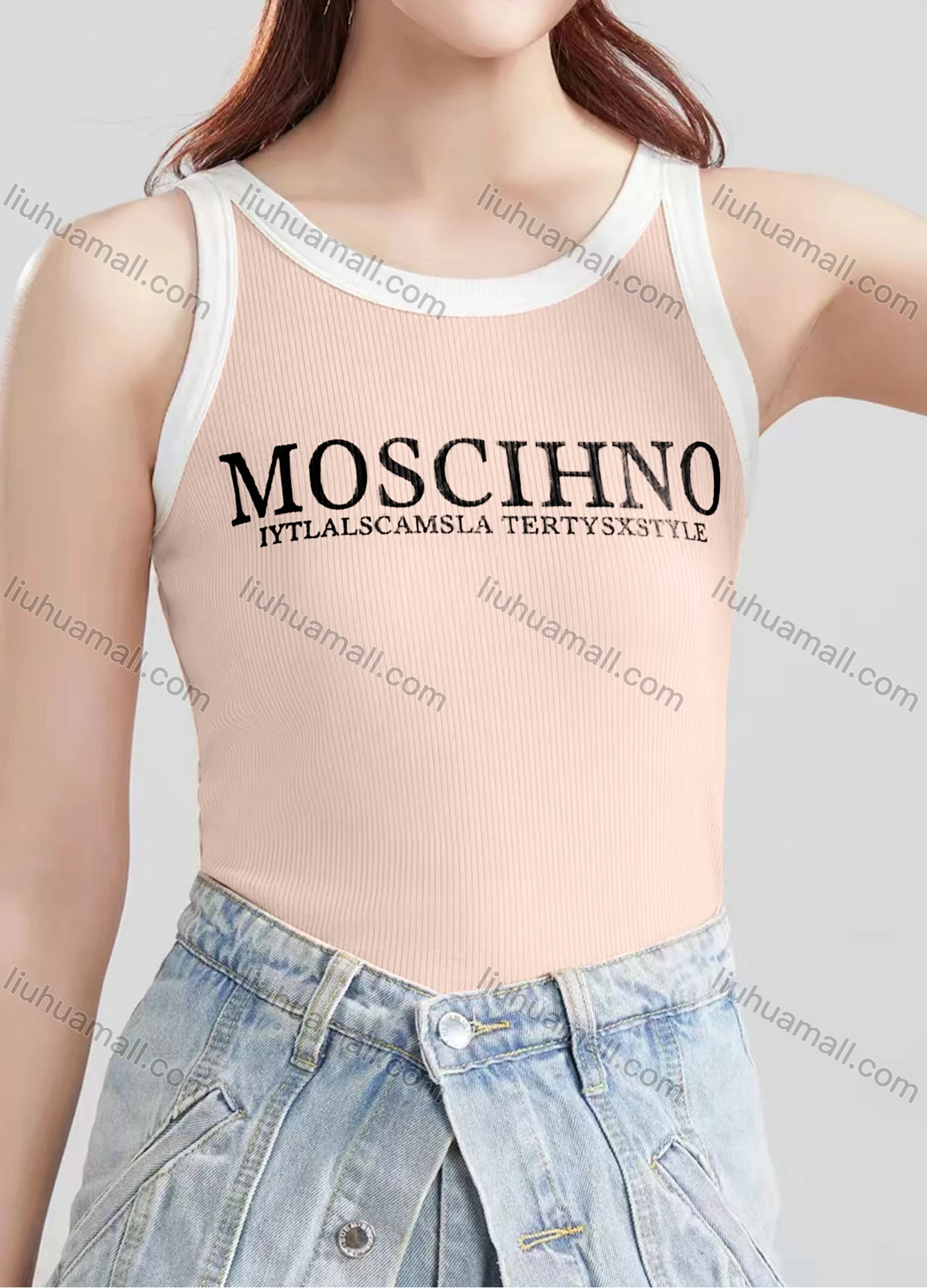 Wholesale Women's Casual Plain Letter Crew Neck Contrast Tank Top B334# - Liuhuamall
