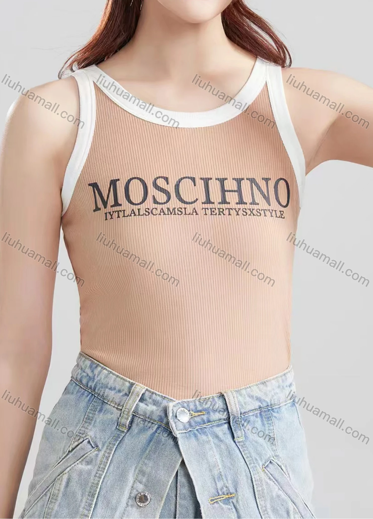 Wholesale Women's Casual Plain Letter Crew Neck Contrast Tank Top B334# - Liuhuamall