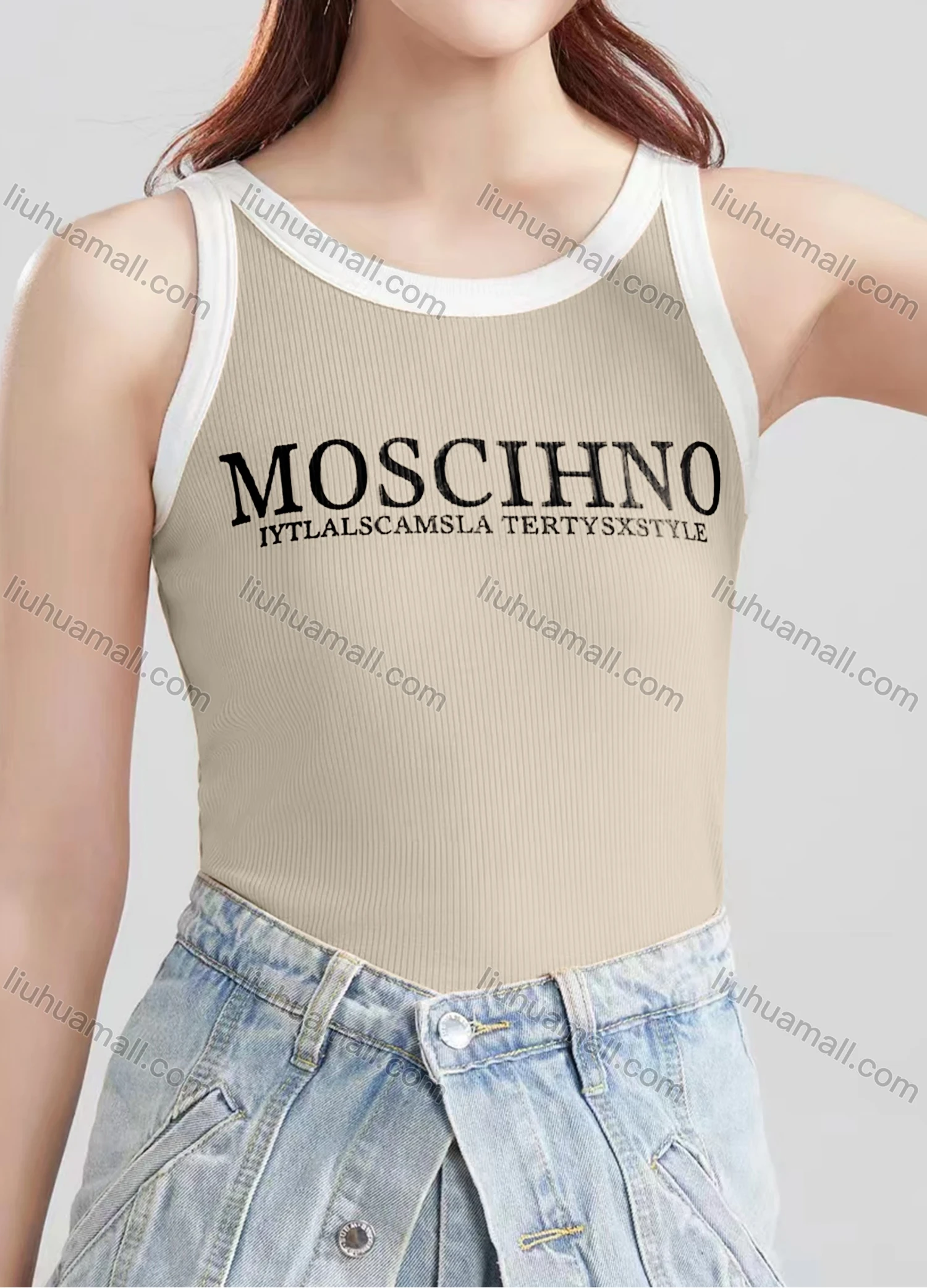 Wholesale Women's Casual Plain Letter Crew Neck Contrast Tank Top B334# - Liuhuamall