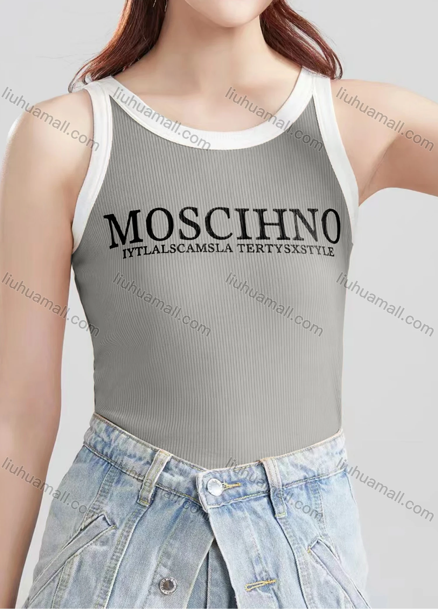 Wholesale Women's Casual Plain Letter Crew Neck Contrast Tank Top B334# - Liuhuamall