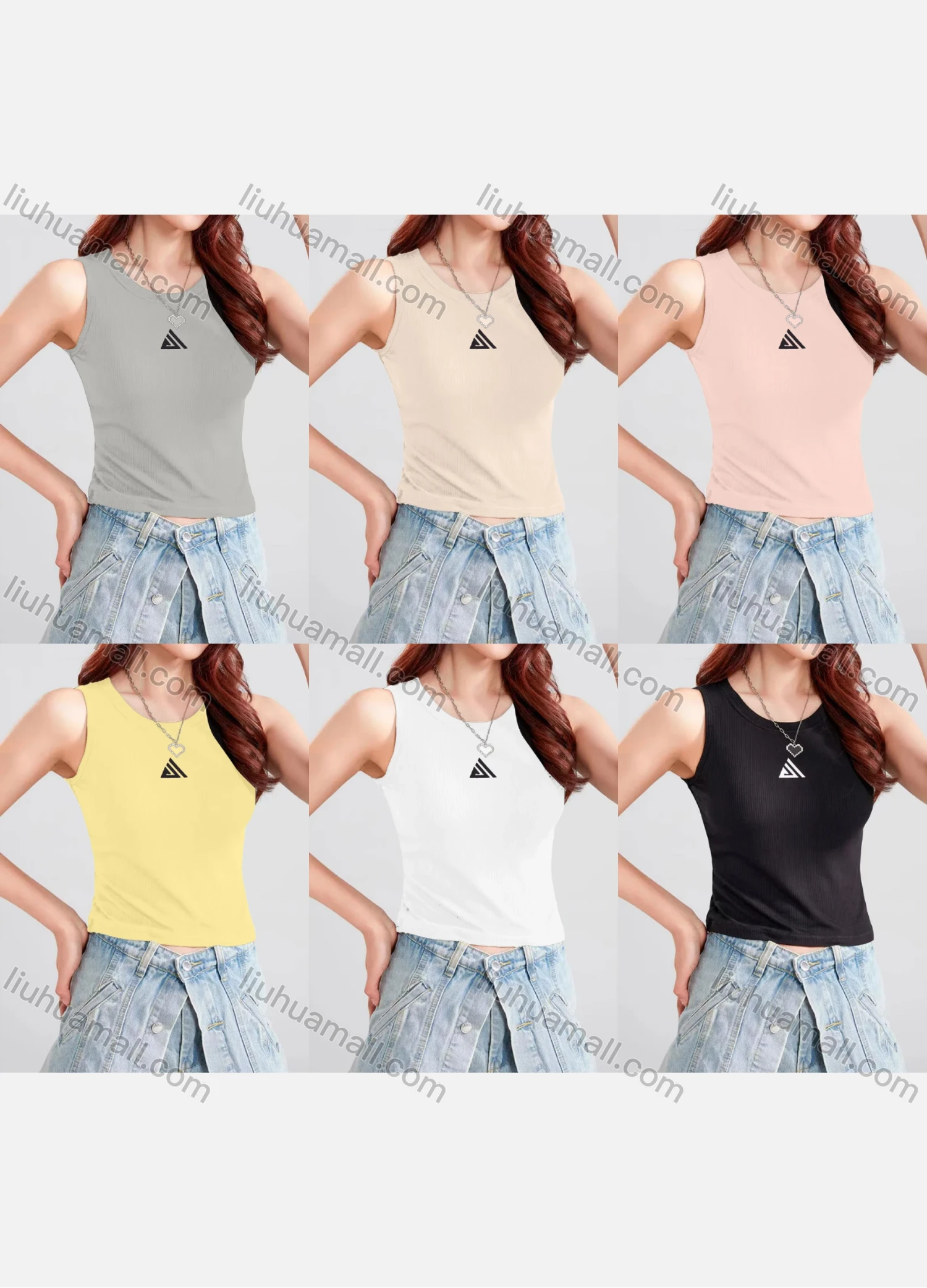Wholesale Women's Casual Plain Geometric Crew Neck Crop Tank Top B177# - Liuhuamall
