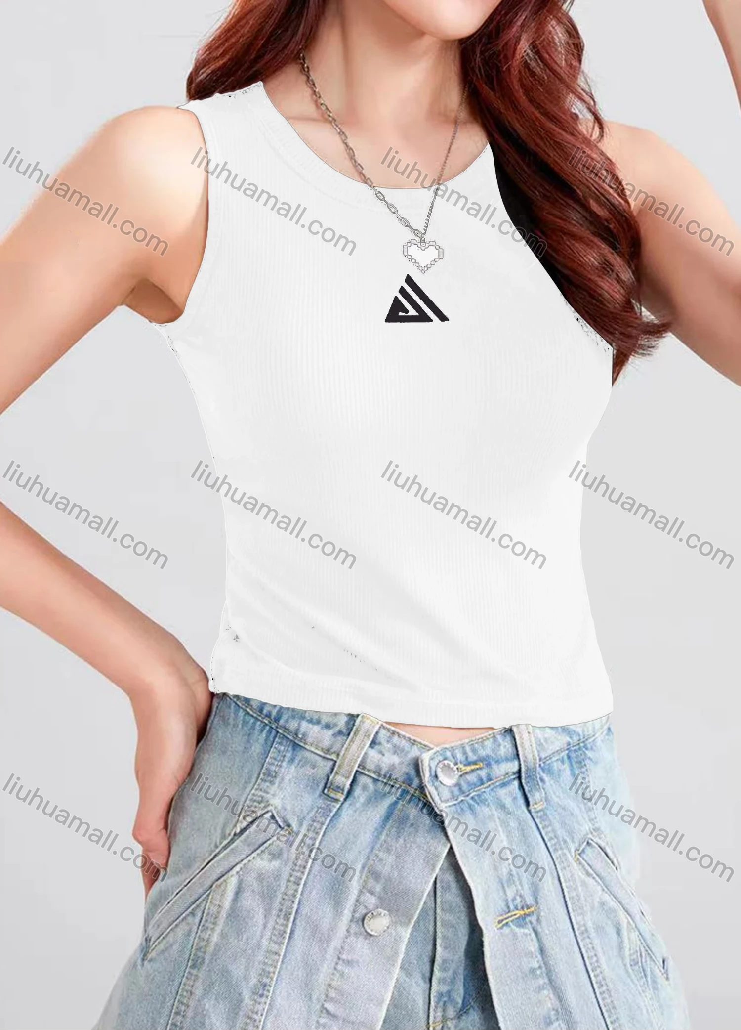 Wholesale Women's Casual Plain Geometric Crew Neck Crop Tank Top B177# - Liuhuamall