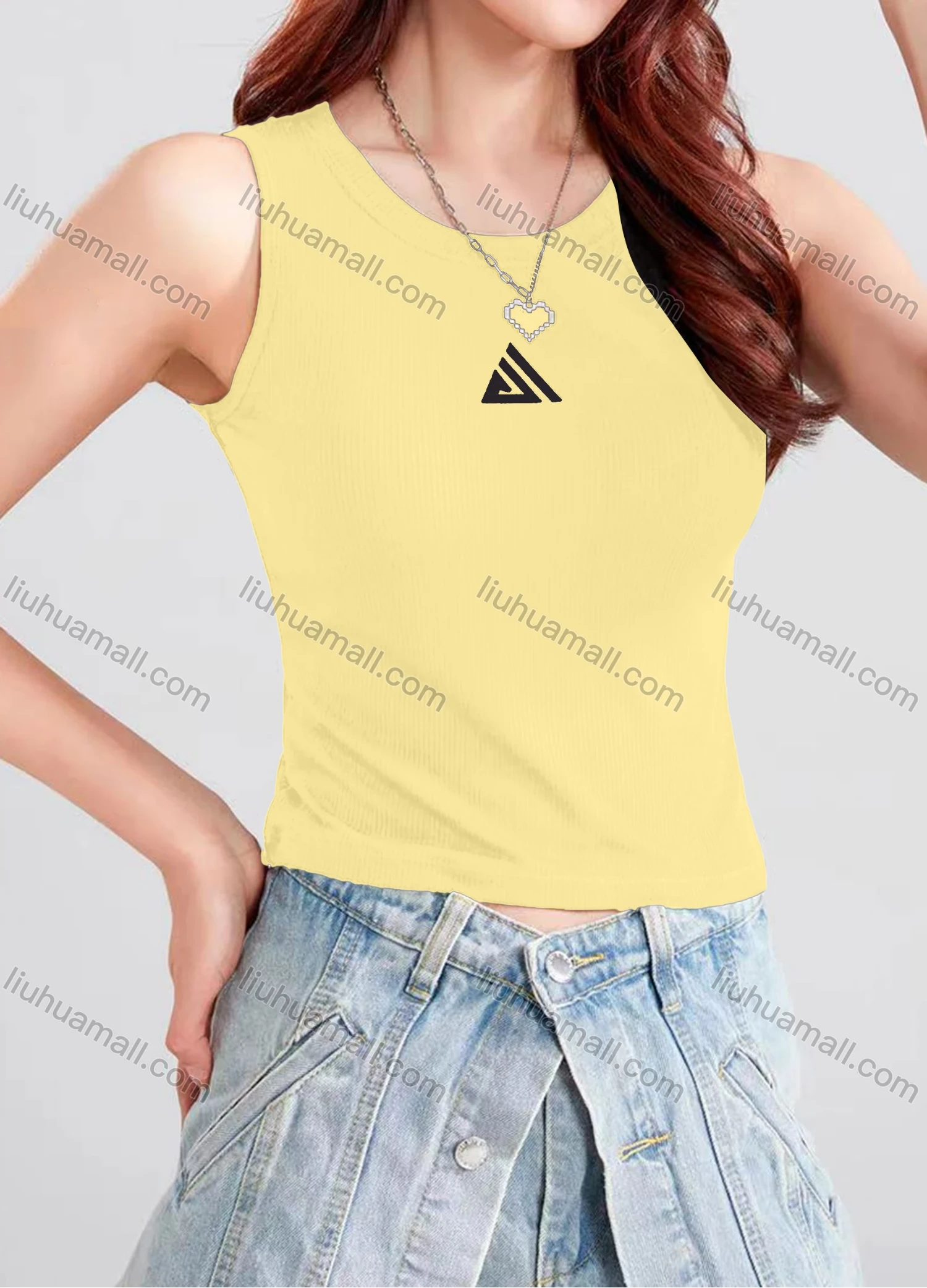 Wholesale Women's Casual Plain Geometric Crew Neck Crop Tank Top B177# - Liuhuamall