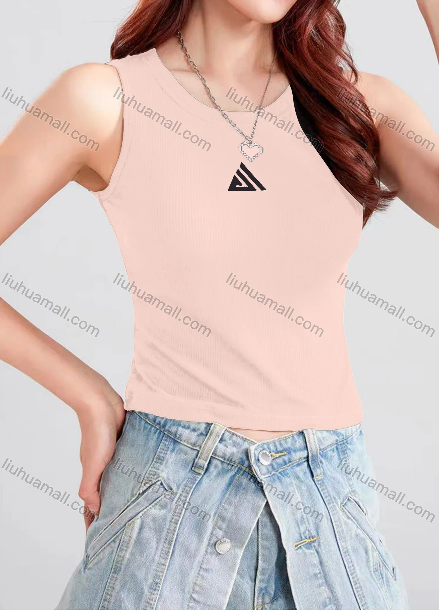 Wholesale Women's Casual Plain Geometric Crew Neck Crop Tank Top B177# - Liuhuamall