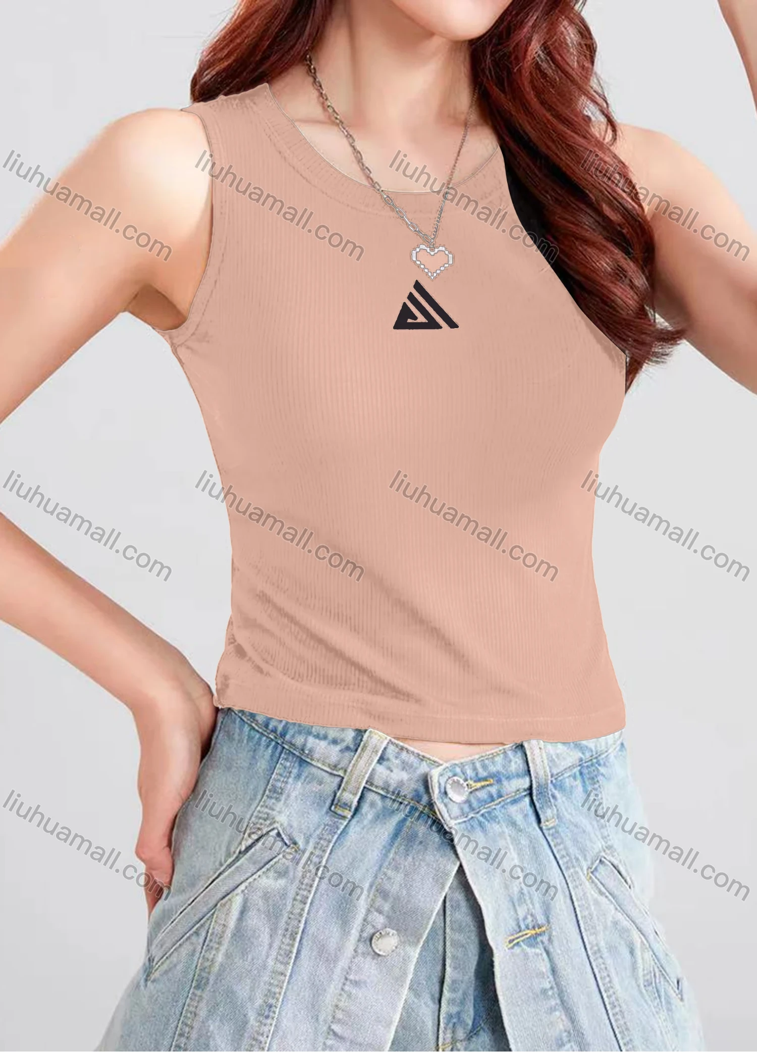 Wholesale Women's Casual Plain Geometric Crew Neck Crop Tank Top B177# - Liuhuamall