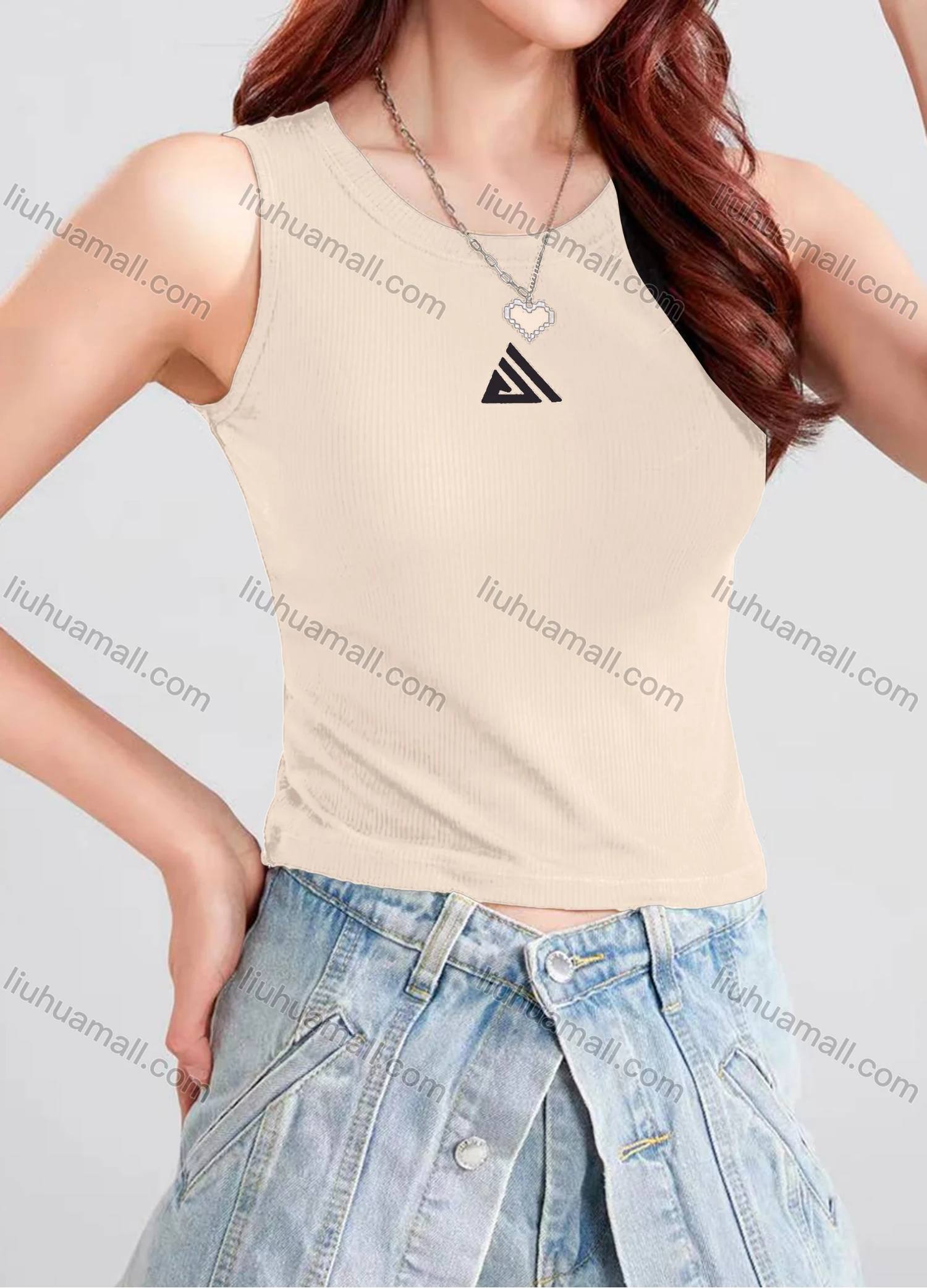 Wholesale Women's Casual Plain Geometric Crew Neck Crop Tank Top B177# - Liuhuamall