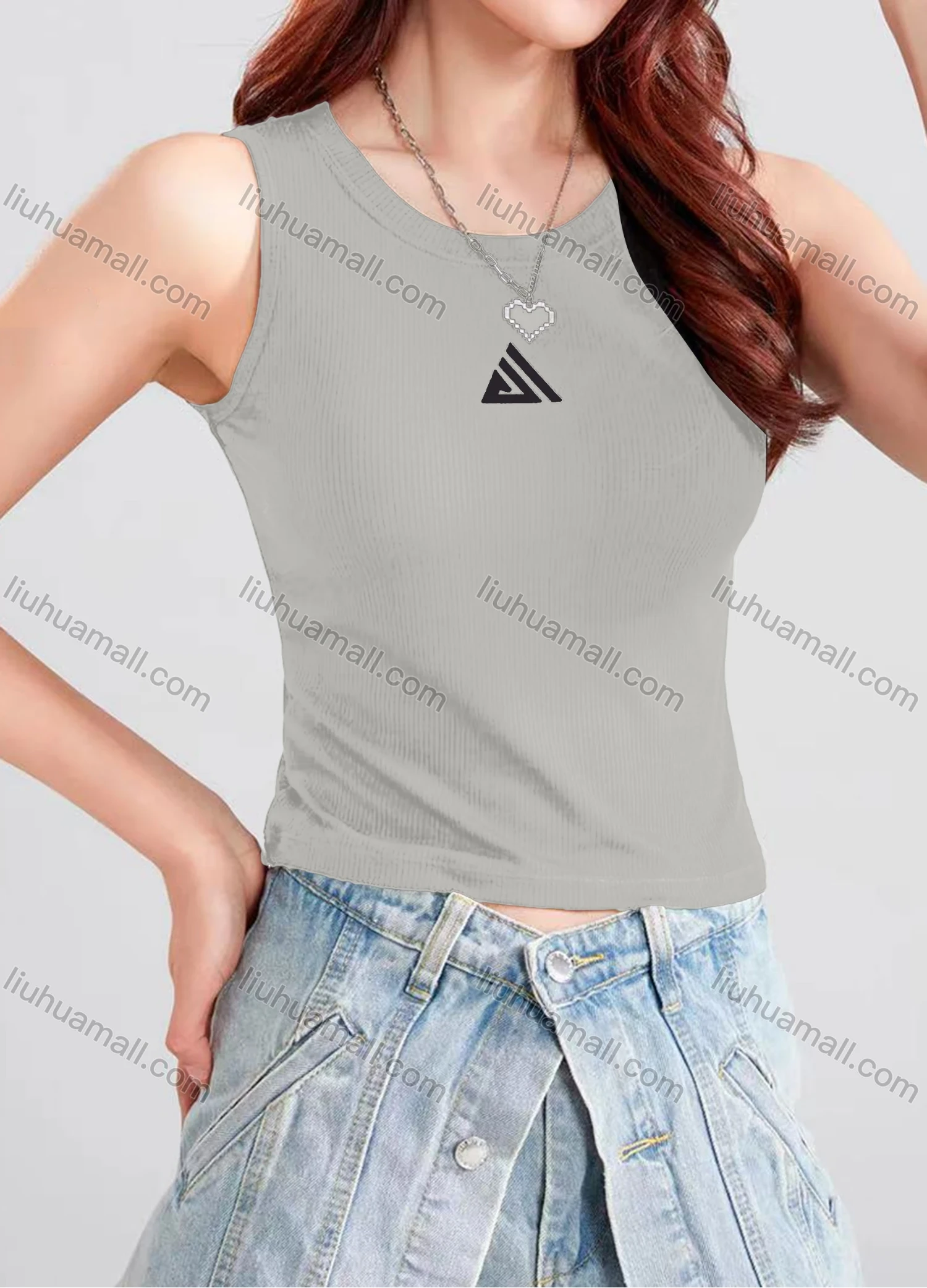 Wholesale Women's Casual Plain Geometric Crew Neck Crop Tank Top B177# - Liuhuamall