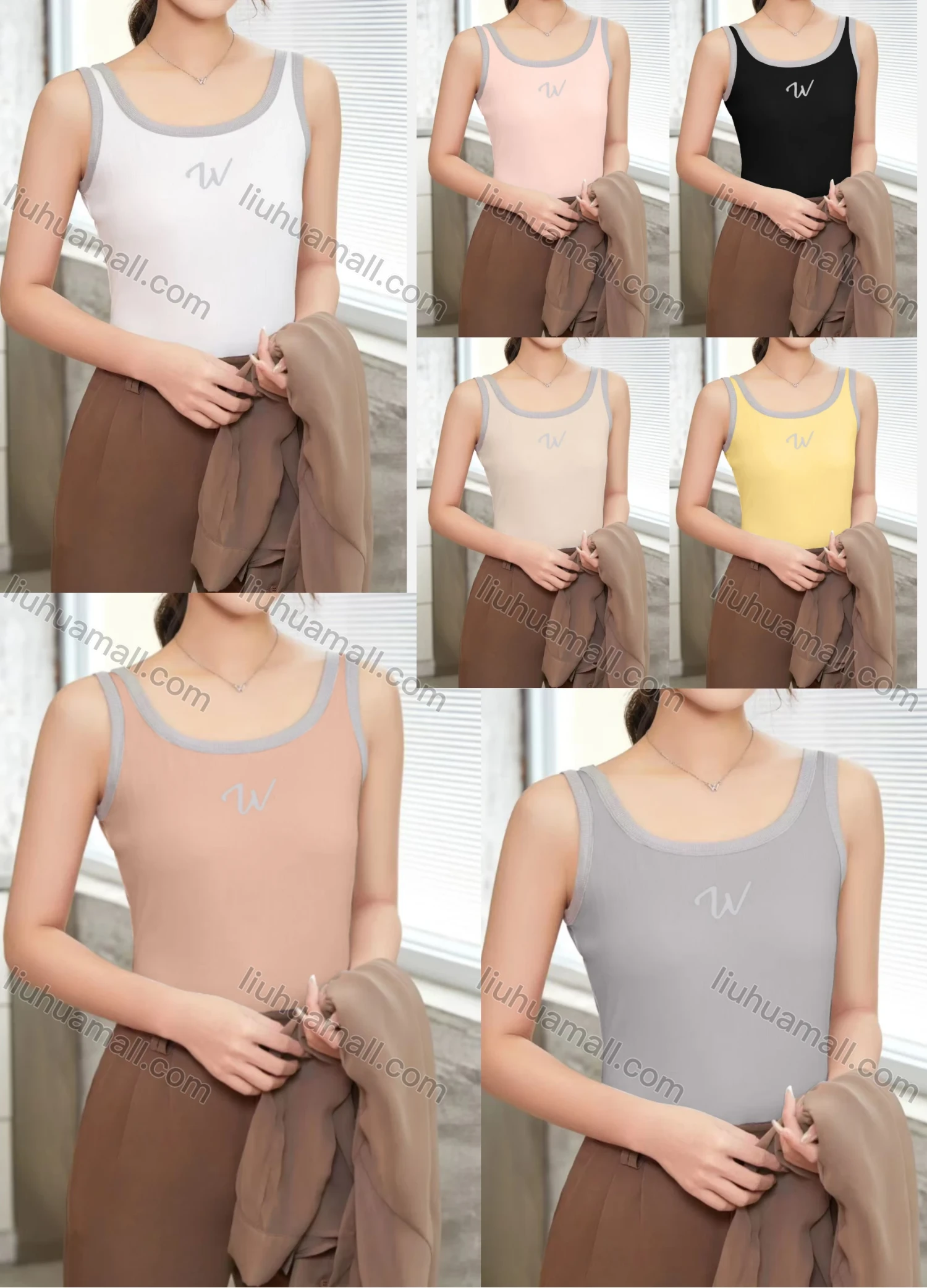Wholesale Women's Casual Plain Letter Scoop Neck Contrast Tank Top B130# - Liuhuamall