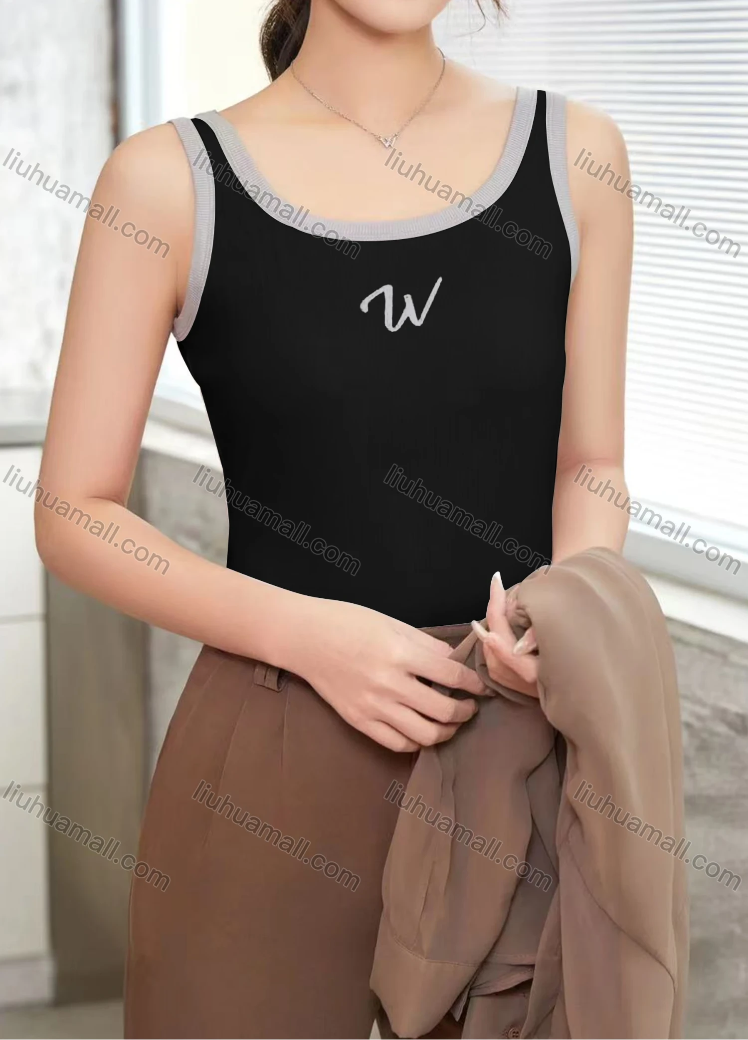 Wholesale Women's Casual Plain Letter Scoop Neck Contrast Tank Top B130# - Liuhuamall