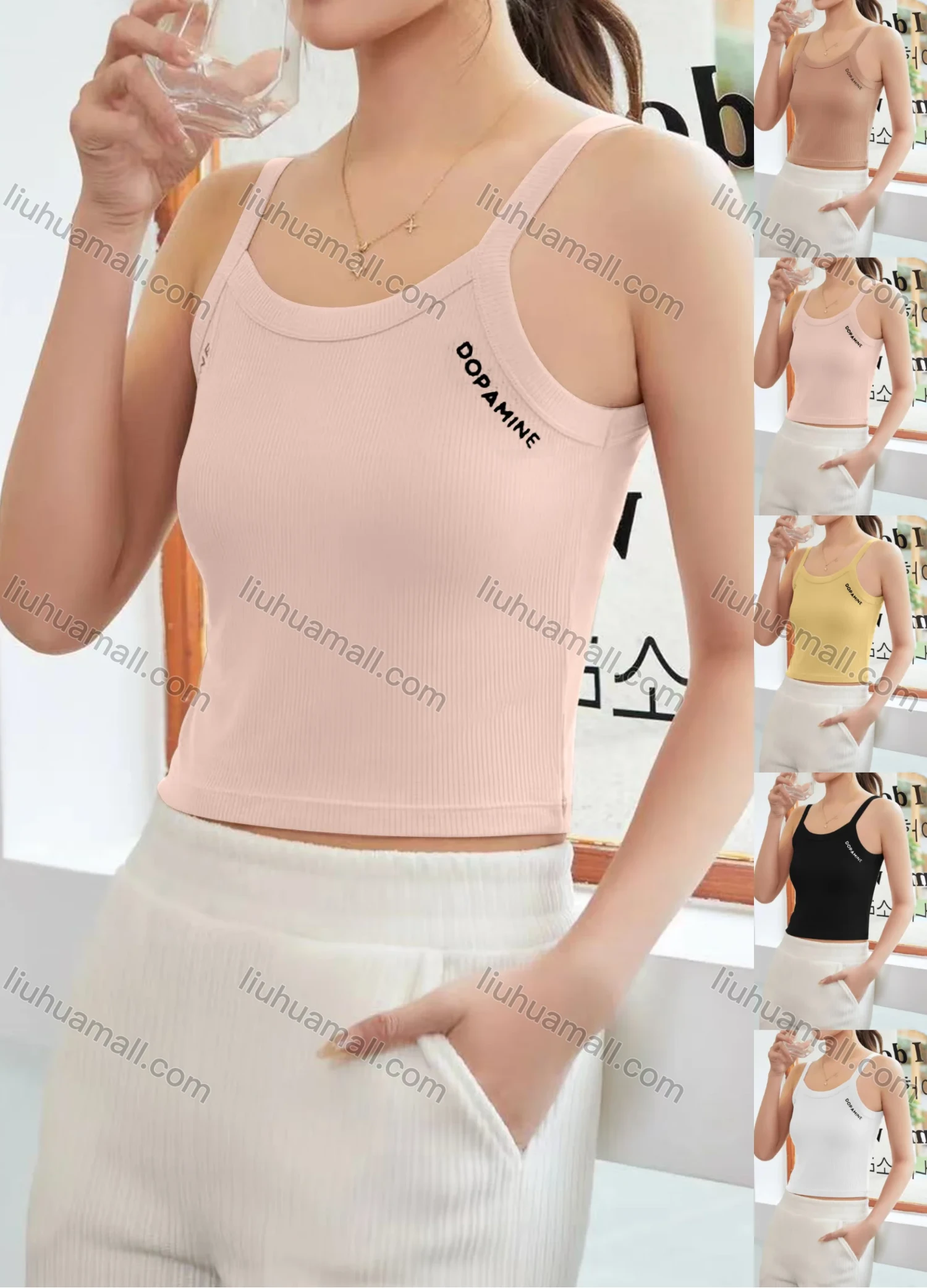 Wholesale Women's Casual Plain Letter Scoop Neck Crop Cami Top B089# - Liuhuamall