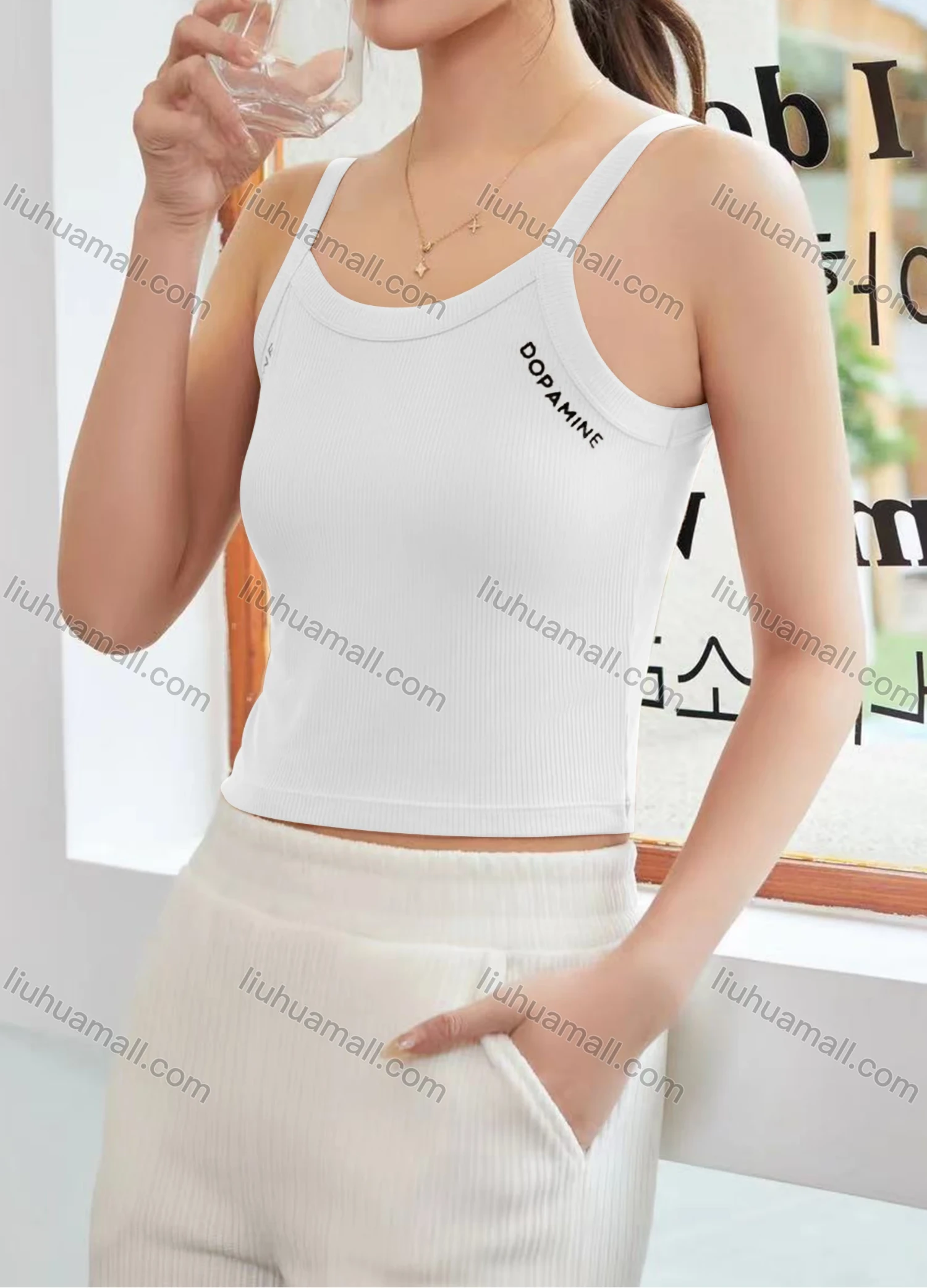 Wholesale Women's Casual Plain Letter Scoop Neck Crop Cami Top B089# - Liuhuamall