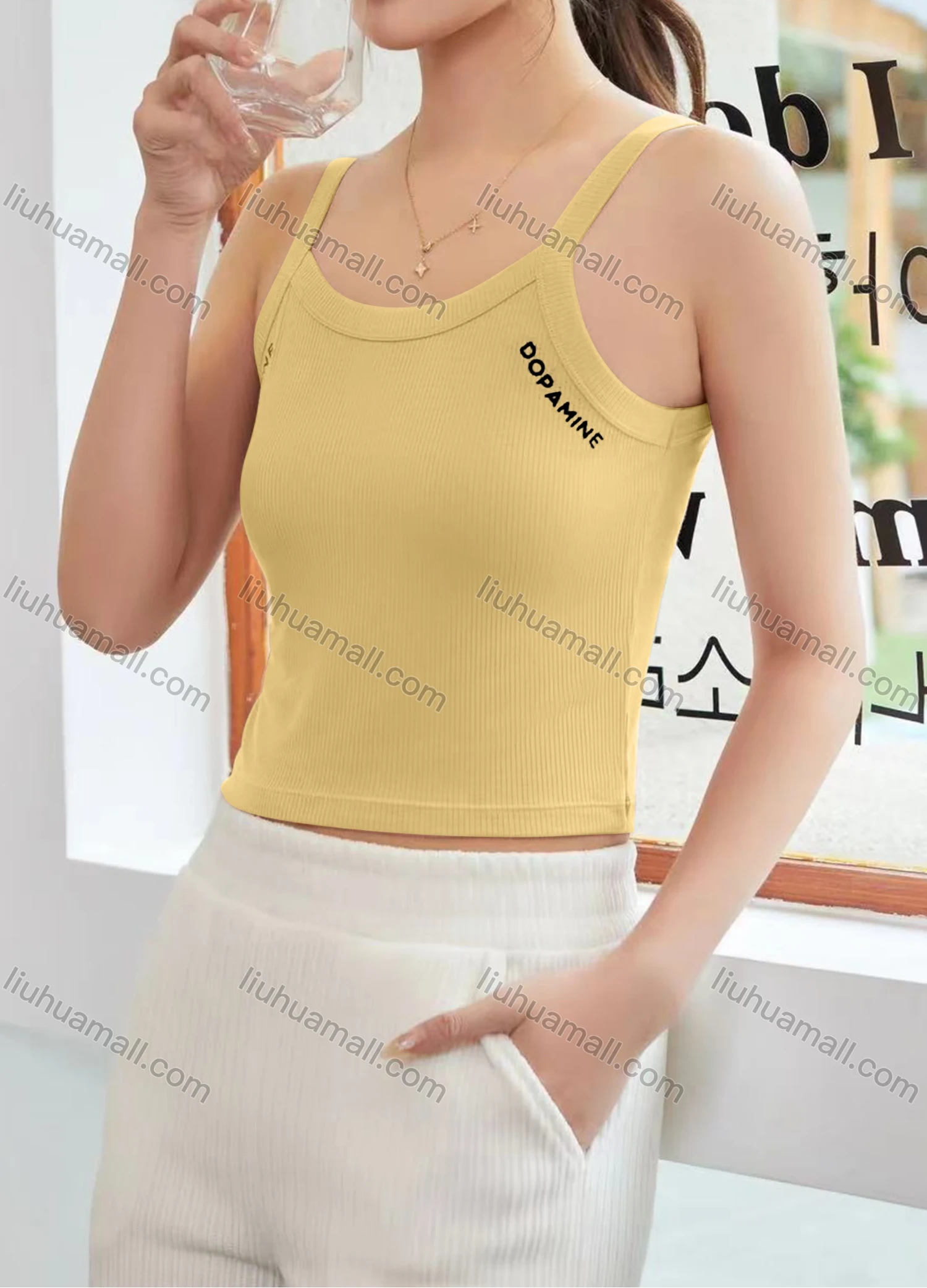 Wholesale Women's Casual Plain Letter Scoop Neck Crop Cami Top B089# - Liuhuamall
