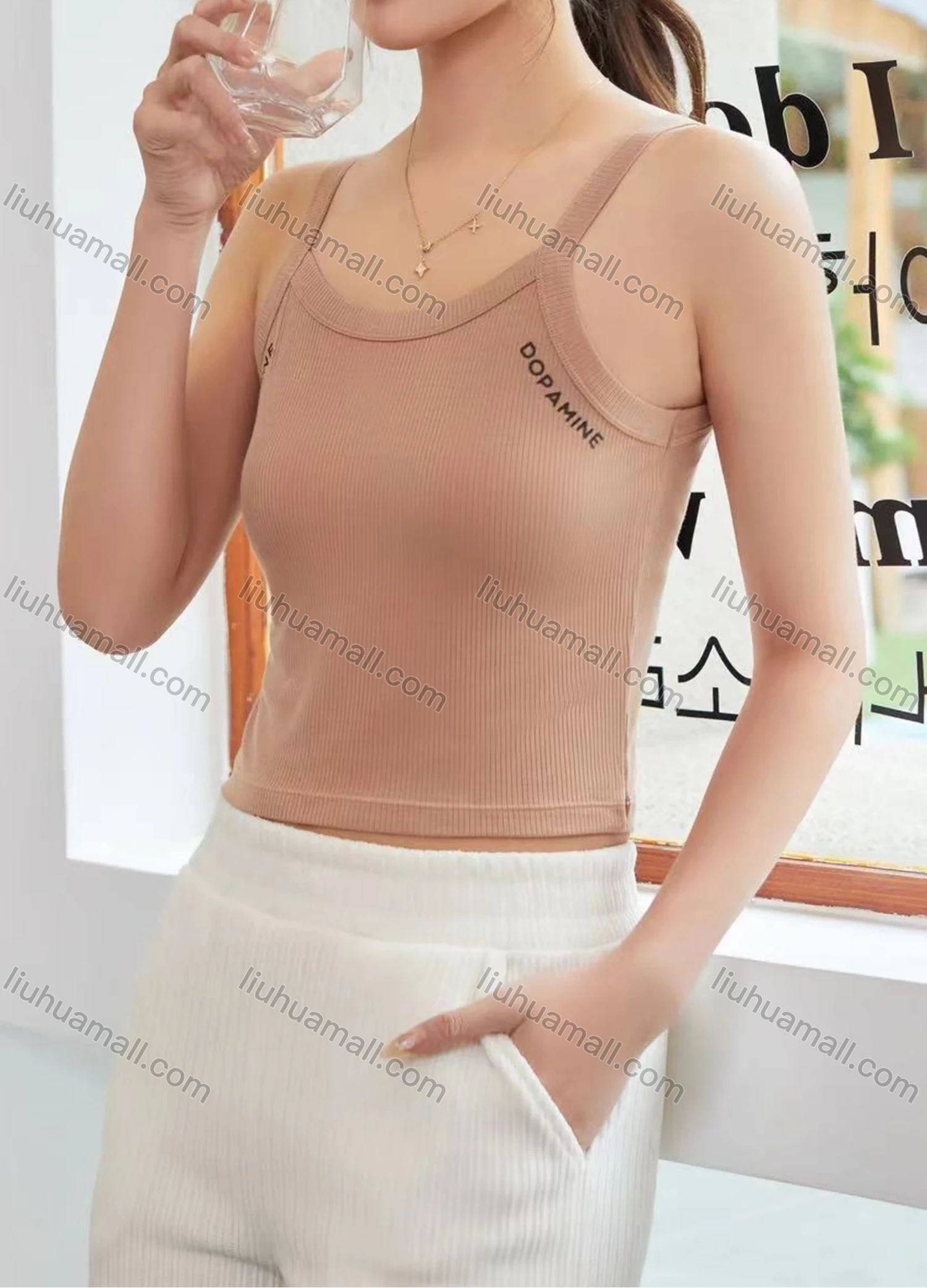 Wholesale Women's Casual Plain Letter Scoop Neck Crop Cami Top B089# - Liuhuamall