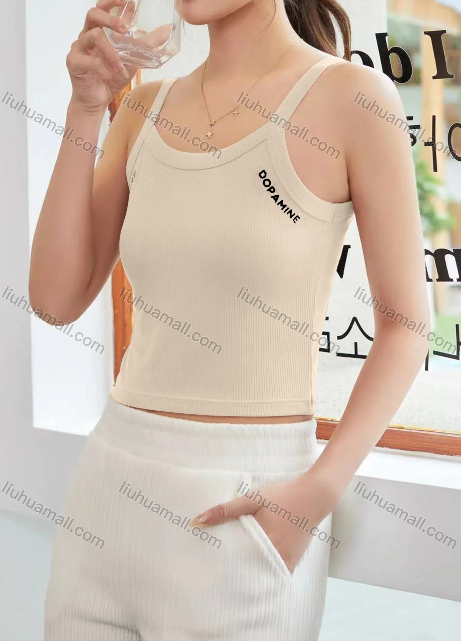 Wholesale Women's Casual Plain Letter Scoop Neck Crop Cami Top B089# - Liuhuamall